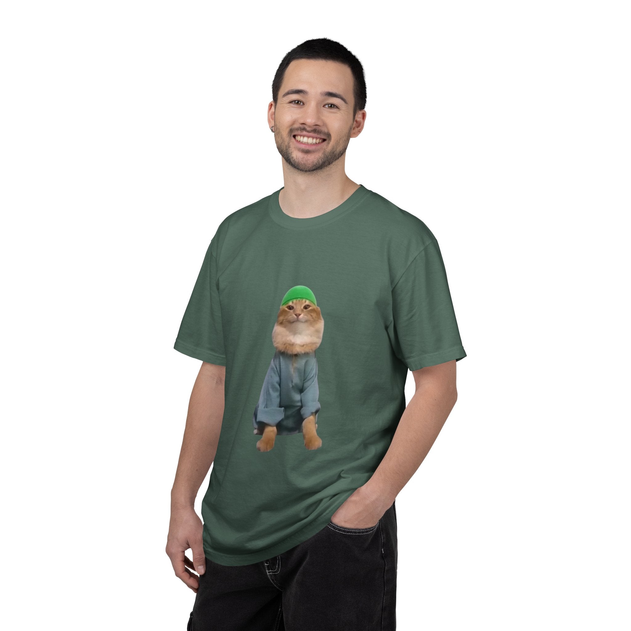 Man wearing a green t-shirt with a graphic of a beaver wearing a green hat on a white background