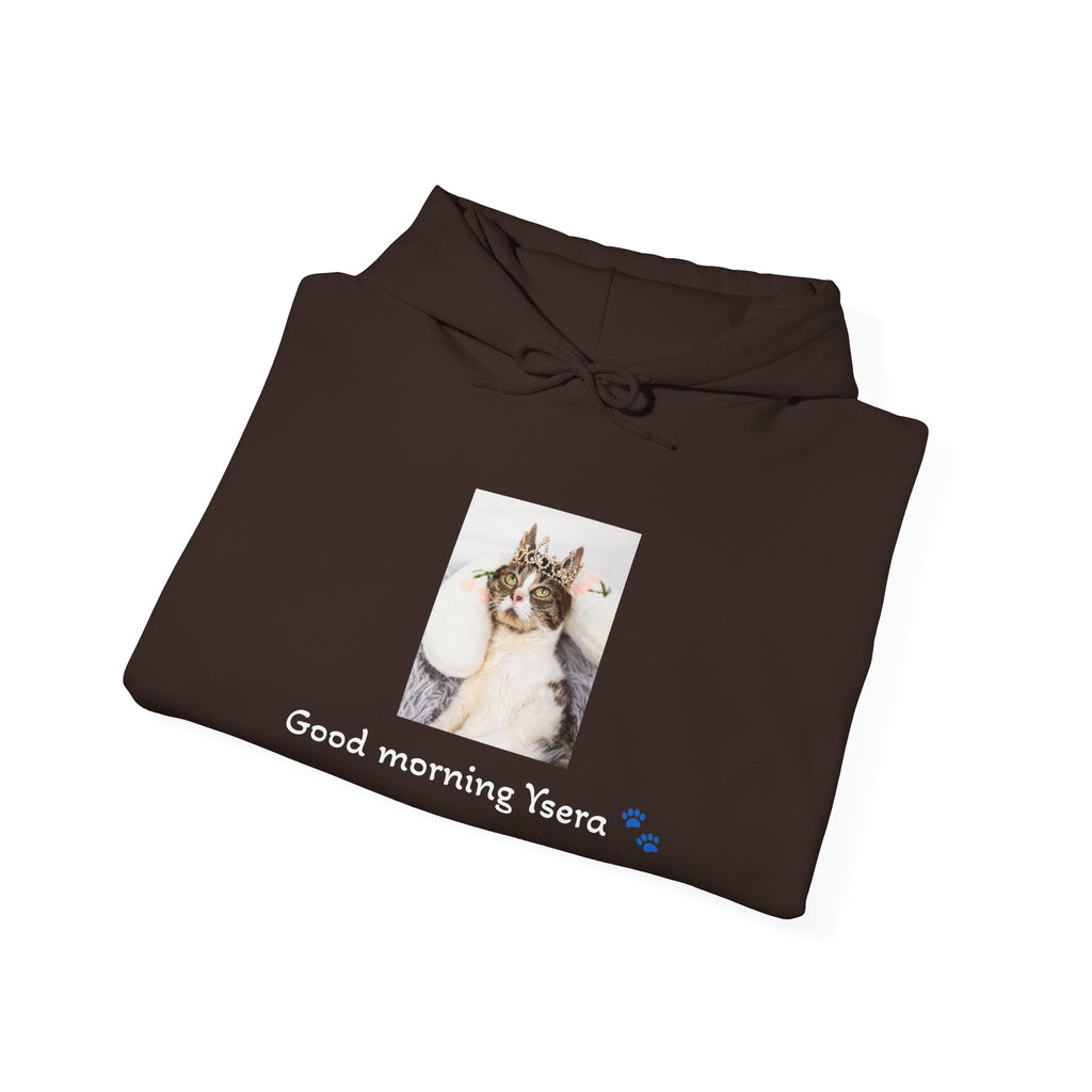 Folded brown hoodie with a cat photo and text on a white background