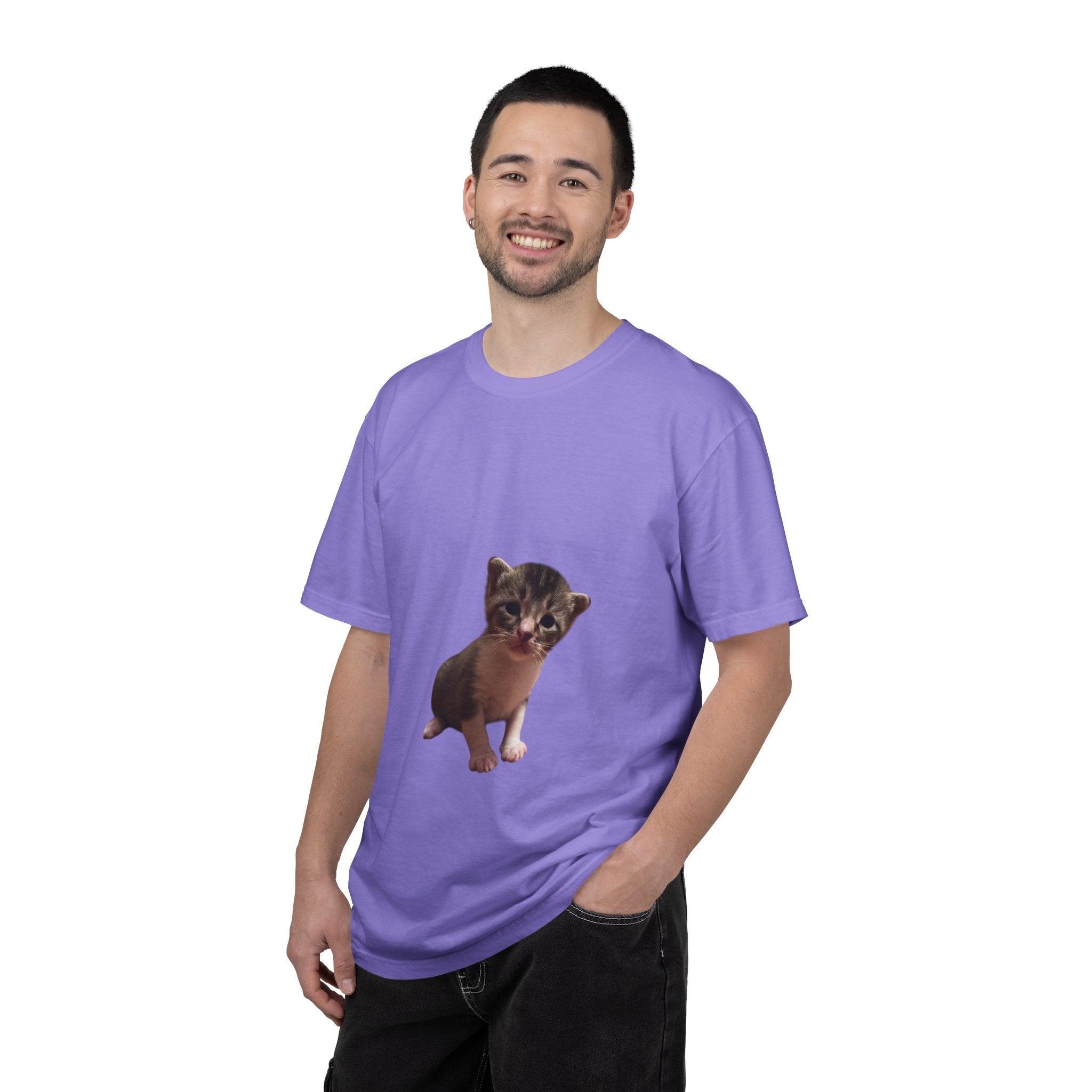 Man wearing a purple t-shirt with a kitten graphic on a white background