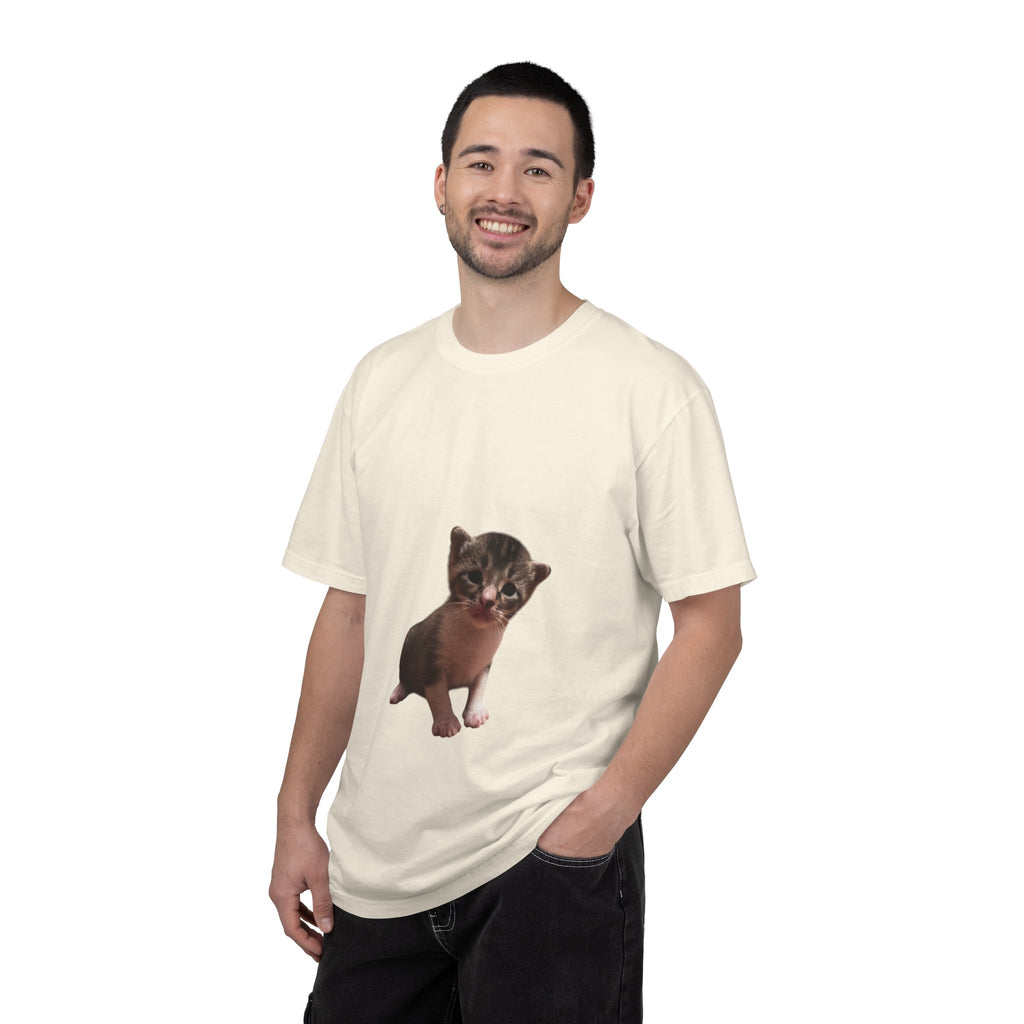 Man wearing a white t-shirt with a graphic of a small animal on a white background