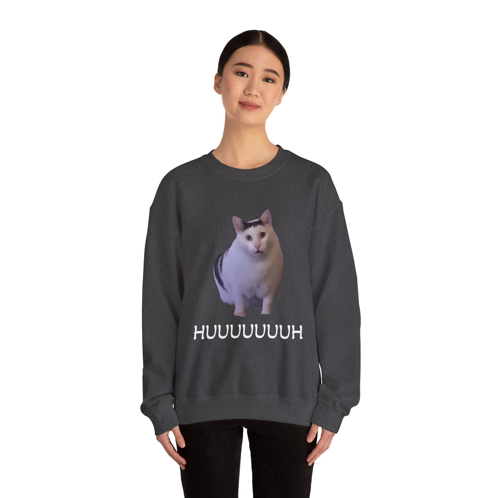 Person wearing a dark gray sweatshirt with a cat graphic and 'HUUUUUH' text on a white background