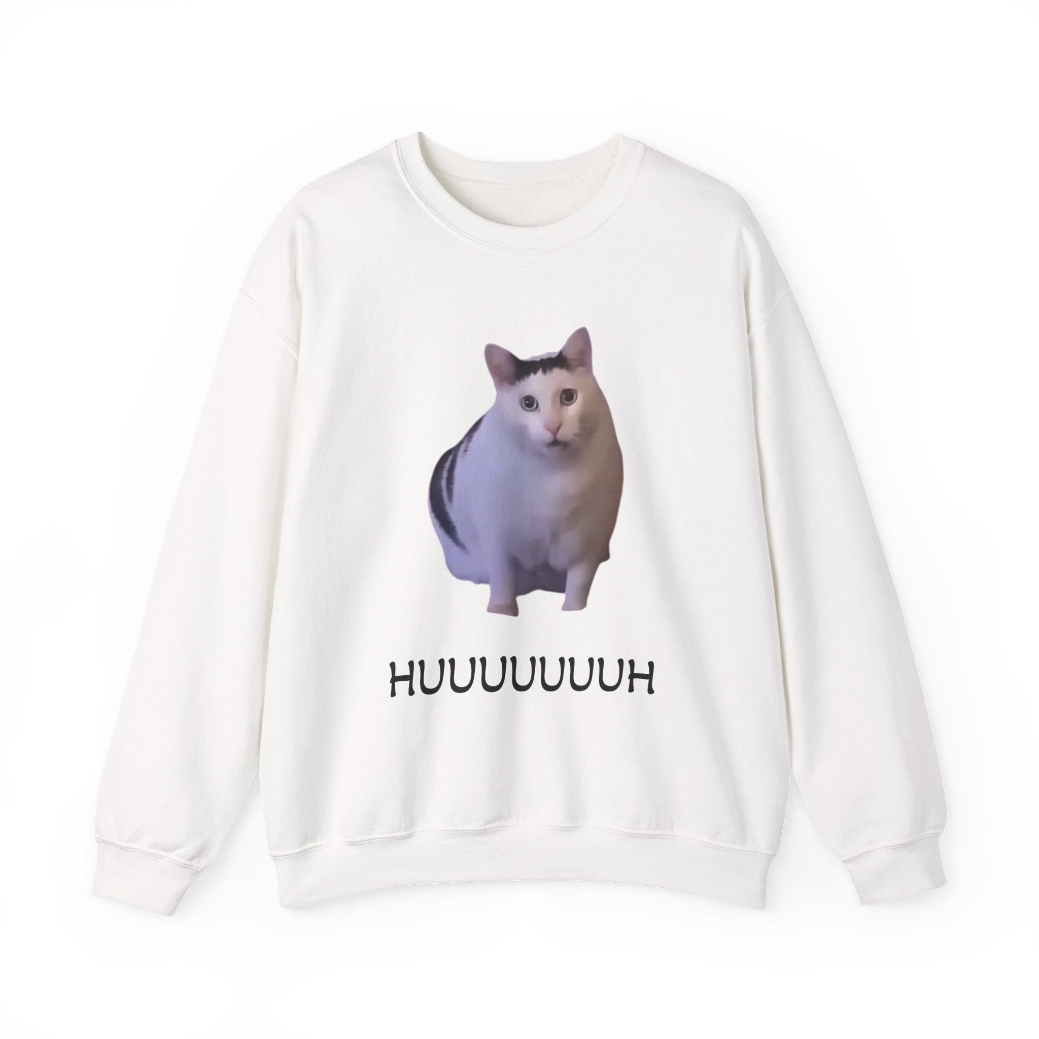 White sweatshirt with a cat graphic and text on a white background