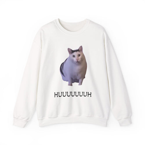 White sweatshirt with a cat graphic and text on a white background