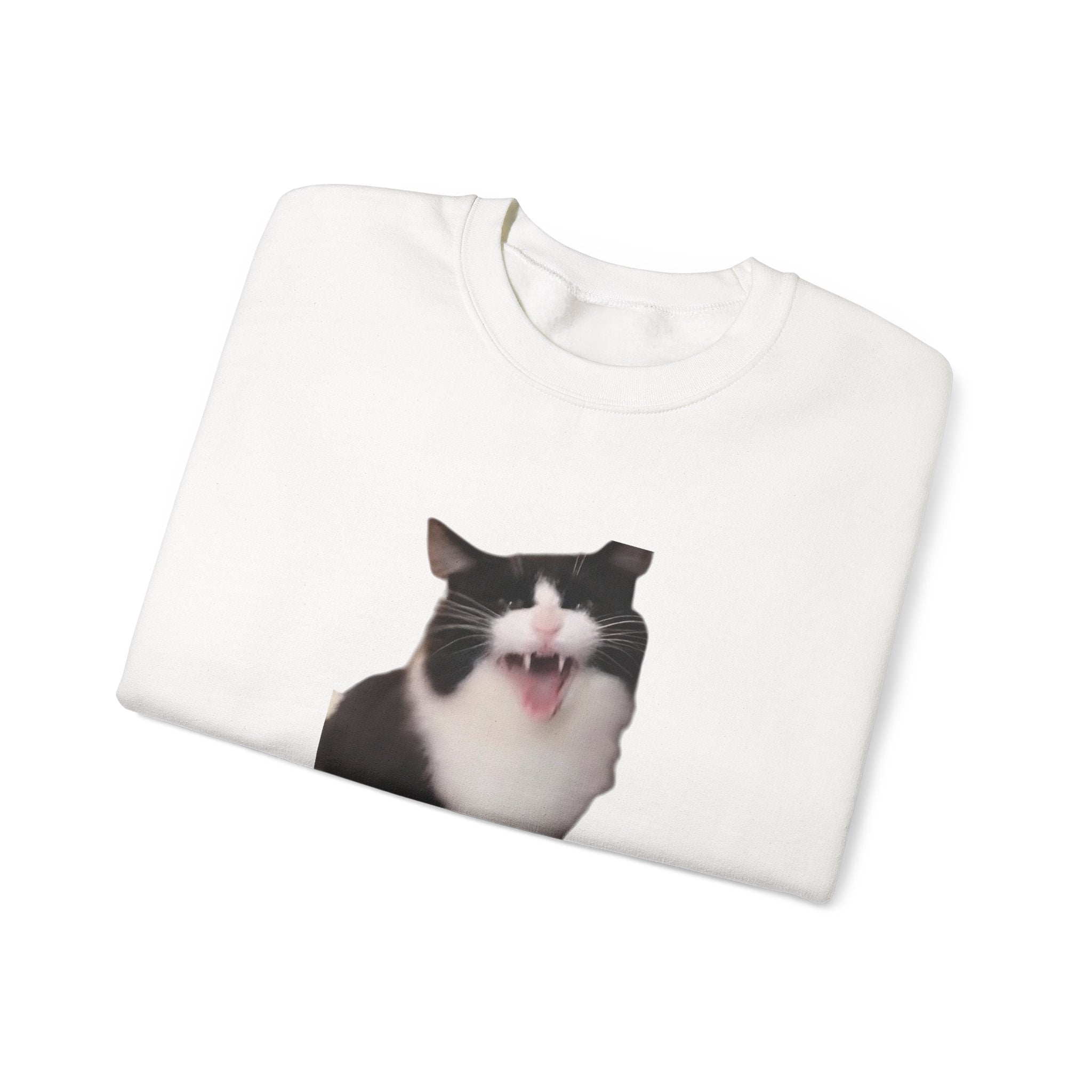 White t-shirt with a cat graphic on a white background