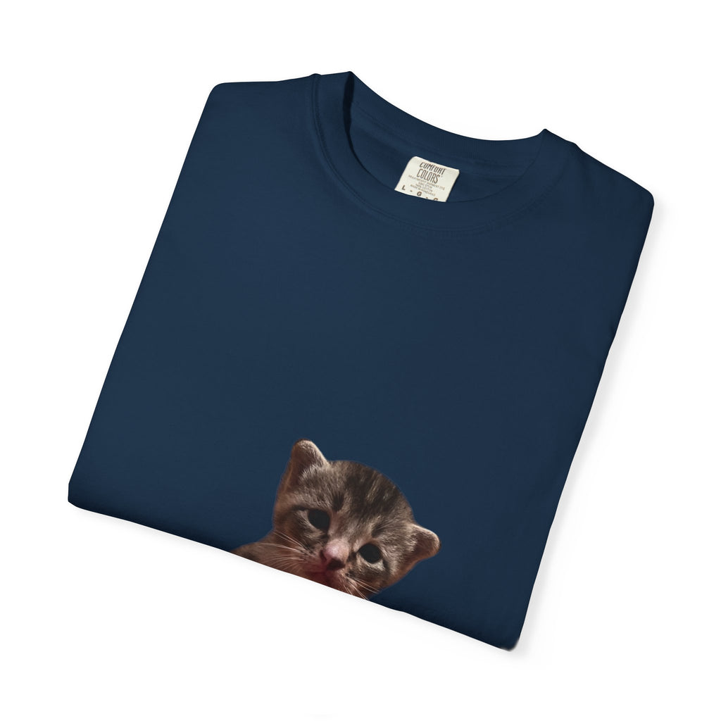 Navy blue t-shirt with a cat print on a white background