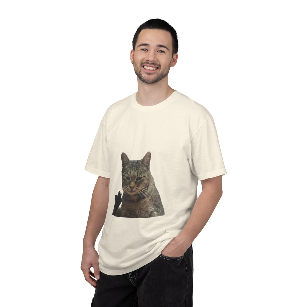 Man wearing a white t-shirt with a cat graphic on a white background