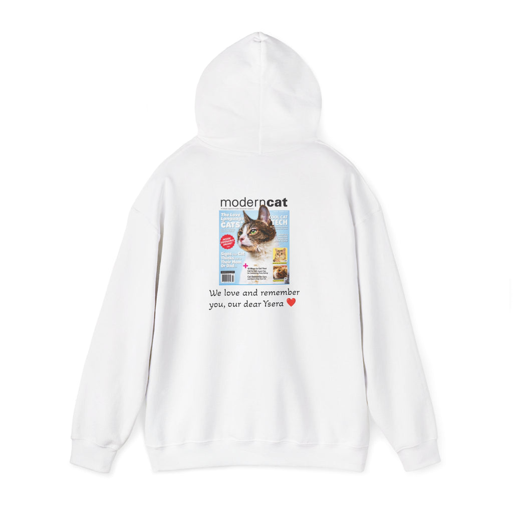 White hoodie with a graphic of a cat and text on a white background
