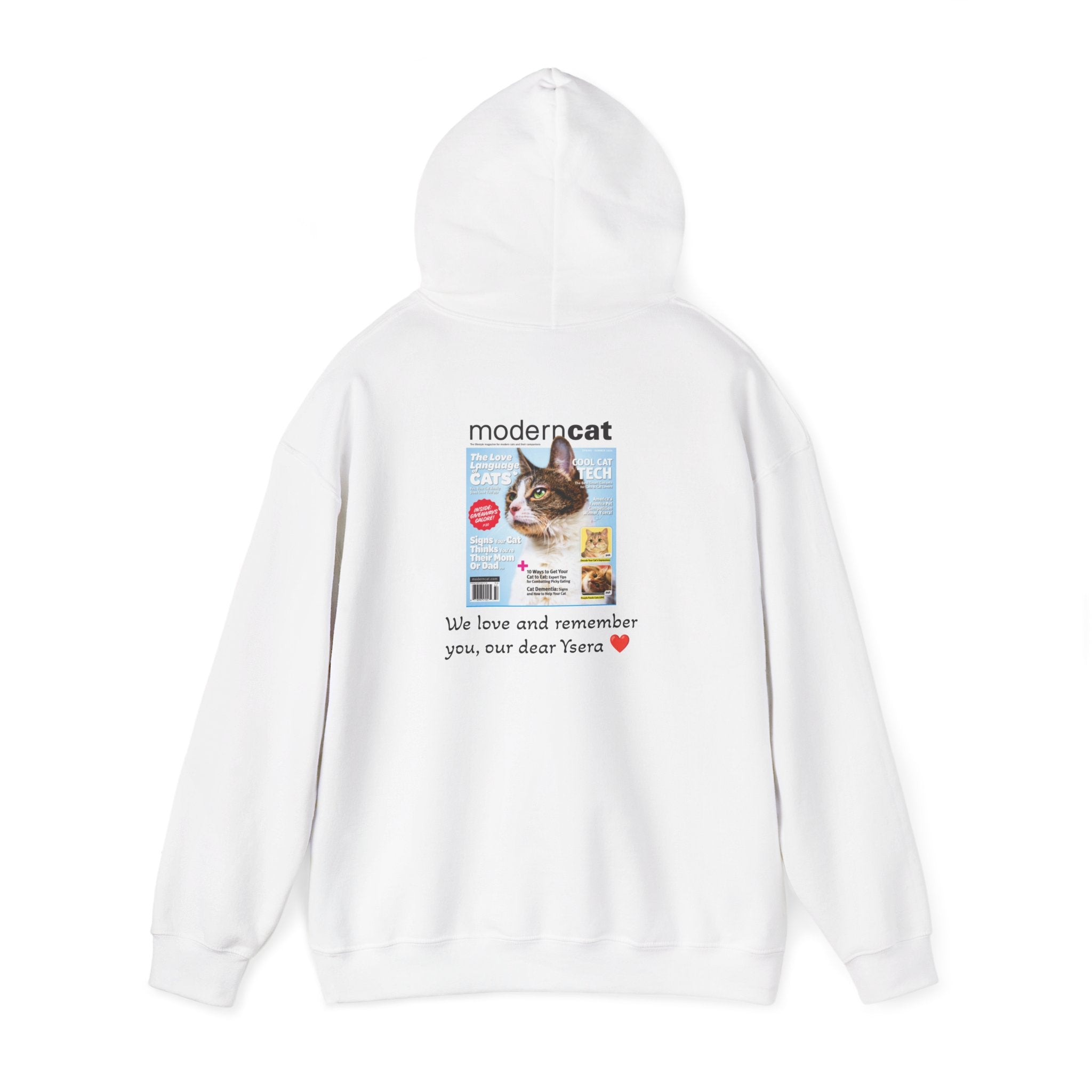White hoodie with a graphic of a cat and text on a white background