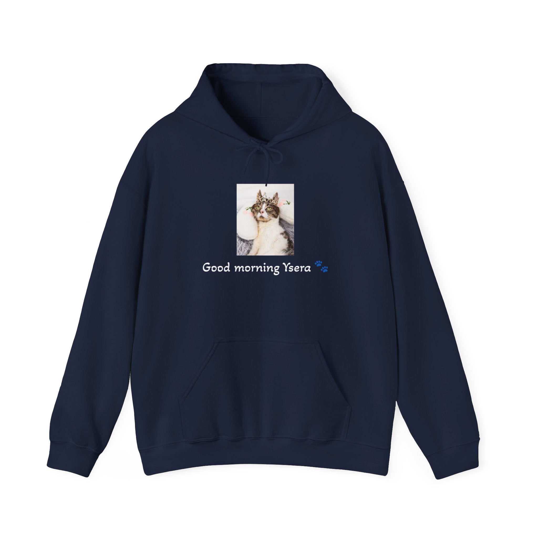 Navy blue hoodie with a cat illustration and text on a white background