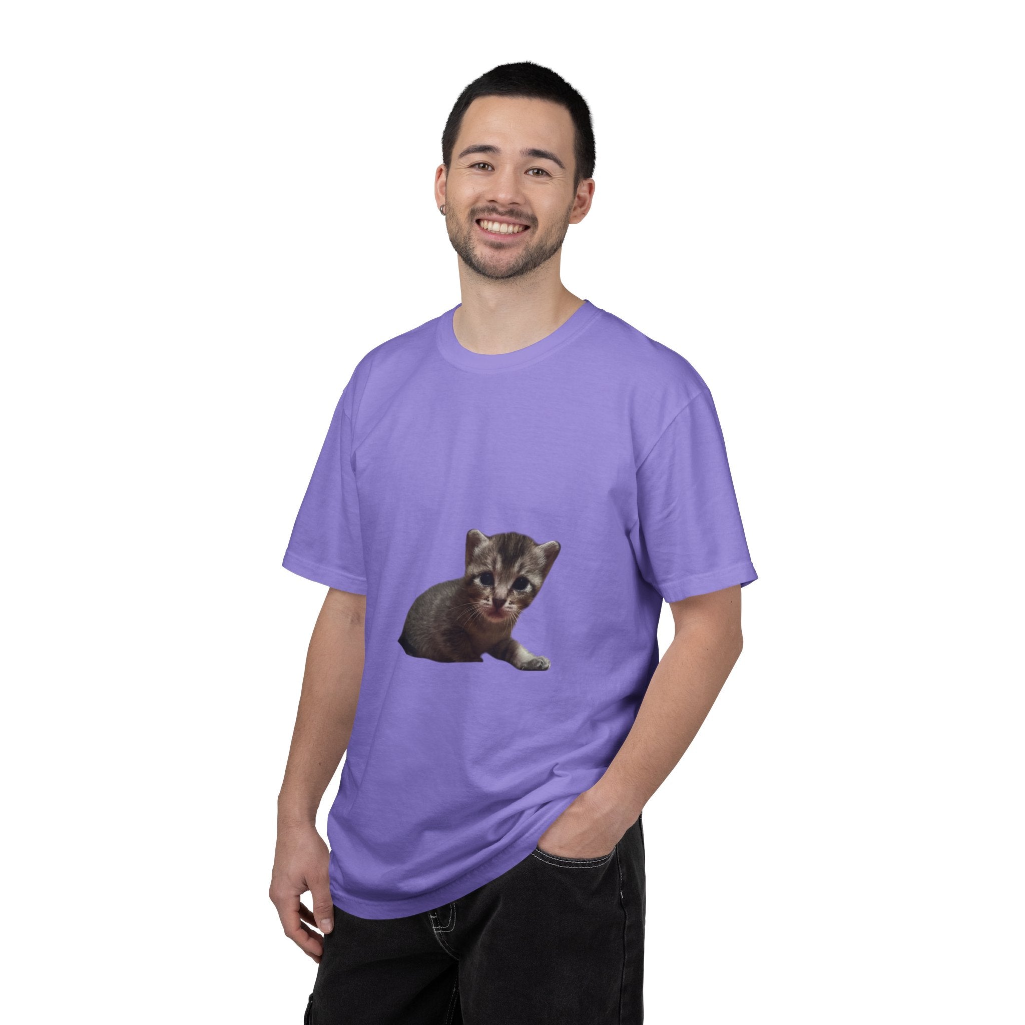 Man wearing a purple t-shirt with a kitten graphic on a white background