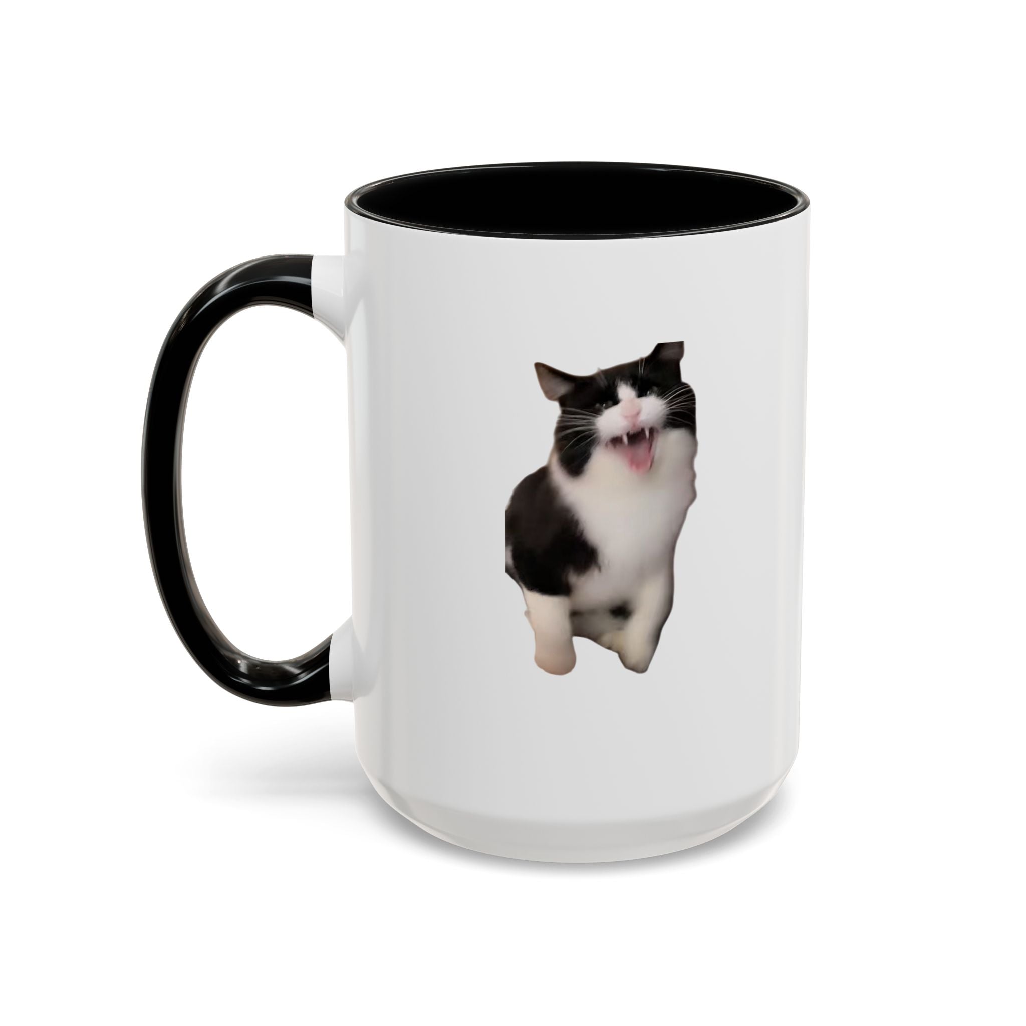 White mug with black interior and handle featuring a tuxedo cat design on a white background