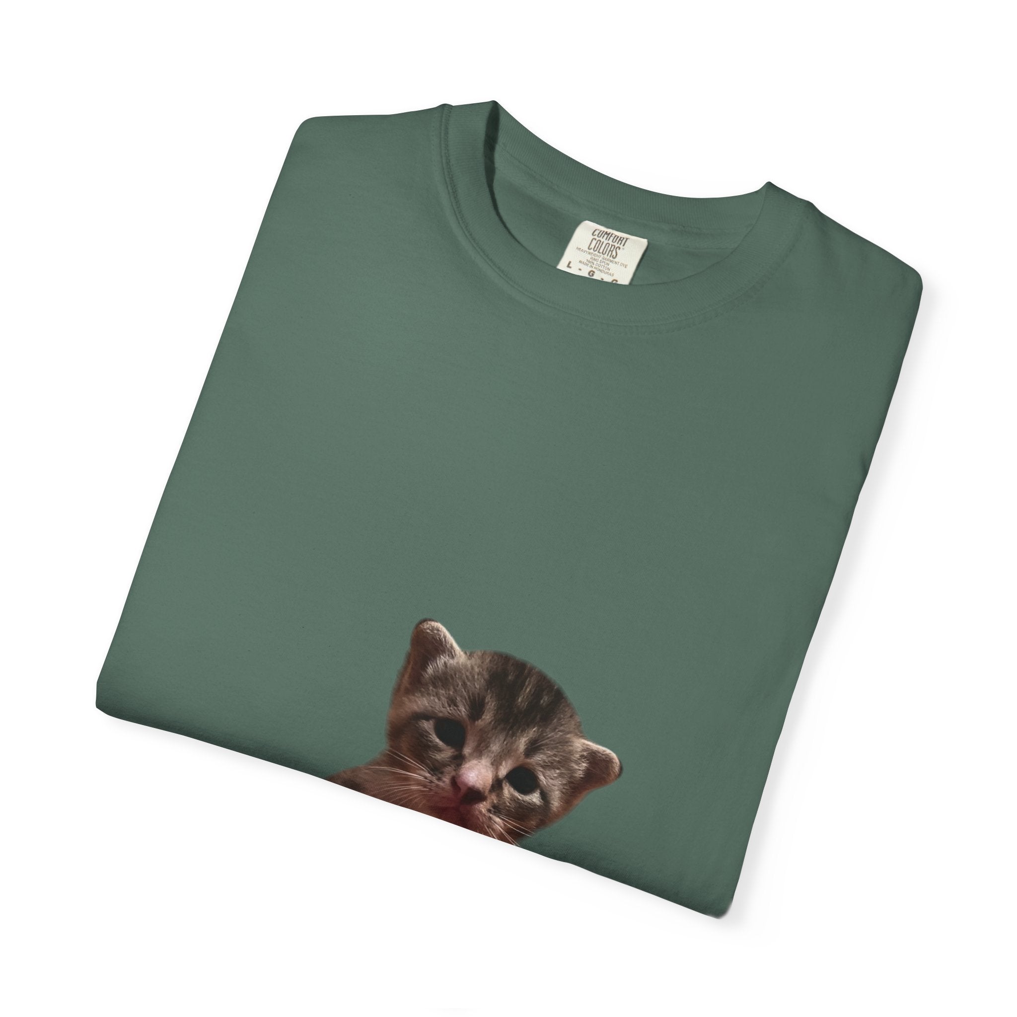 Folded green t-shirt with a kitten print on a white background