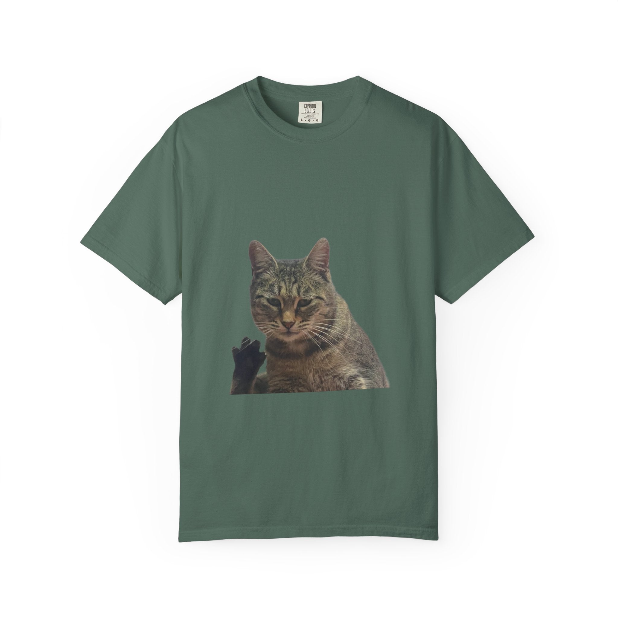 Green t-shirt with a cat graphic on a white background