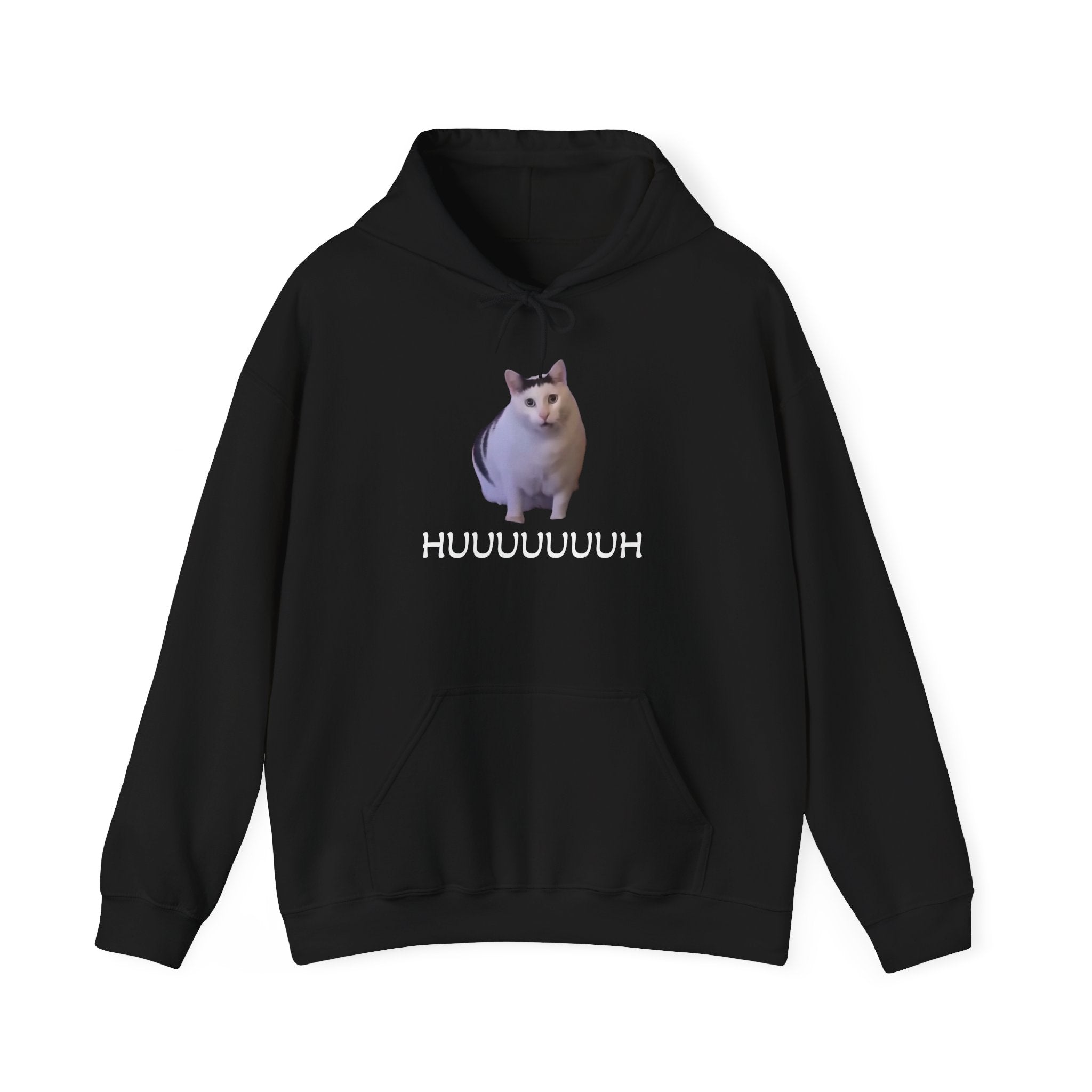 Black hoodie with a cat graphic and text on a white background
