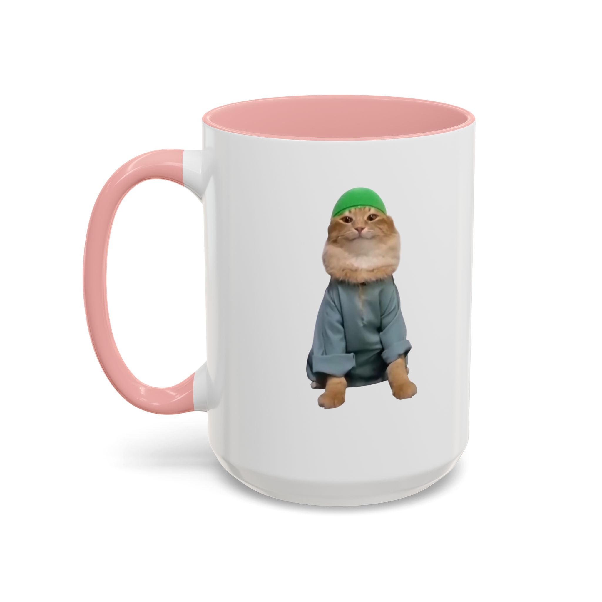 Mug with a cat wearing a hat and coat design on a white background