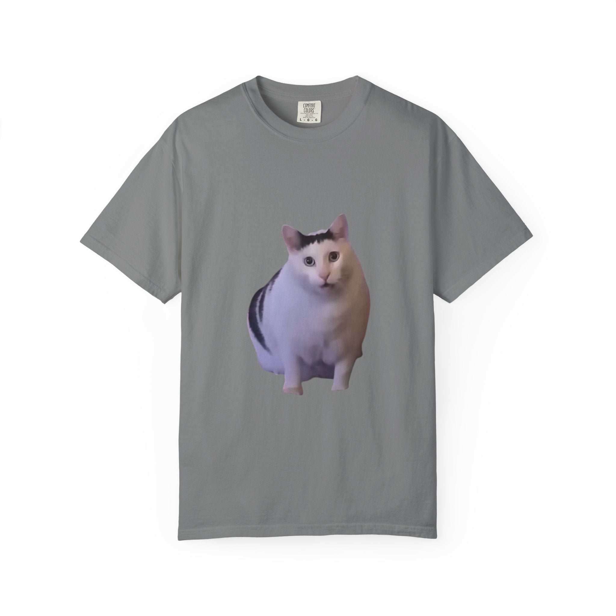 Gray t-shirt with a cat graphic on a white background