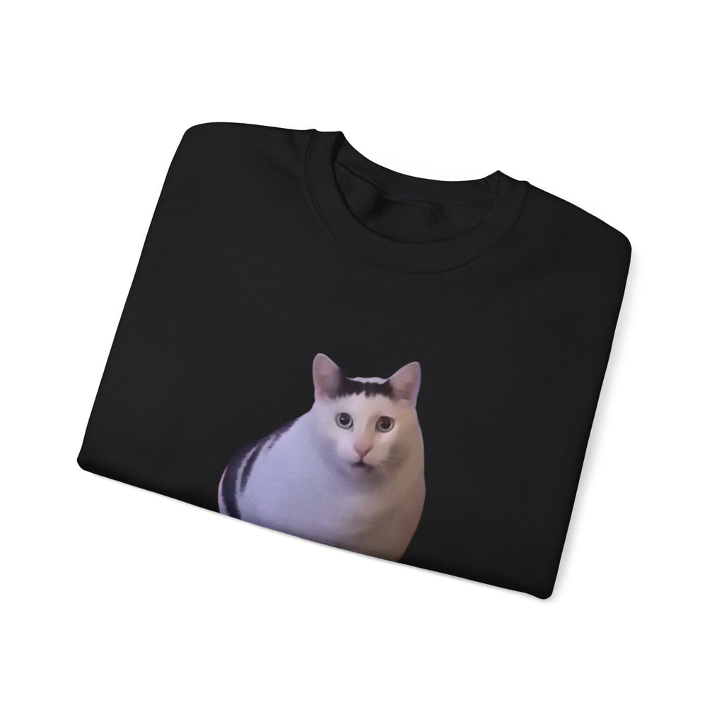 Black sweatshirt with a cat's face printed on it, folded on a white background