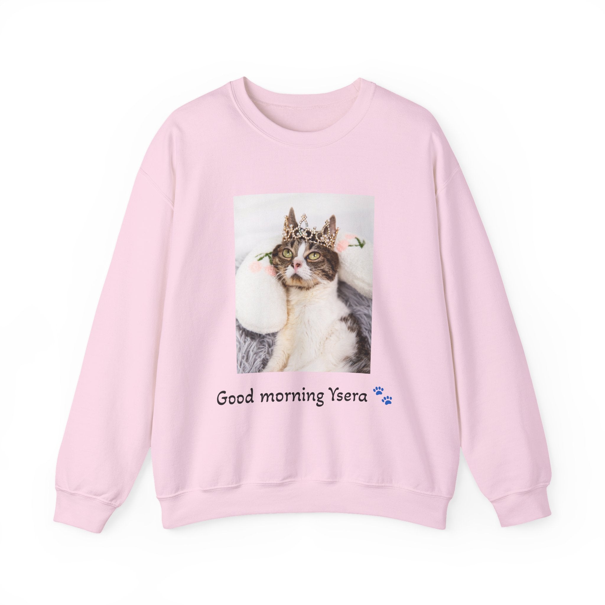 Pink sweatshirt with a cat graphic and text 'Good morning Ysera' on a white background