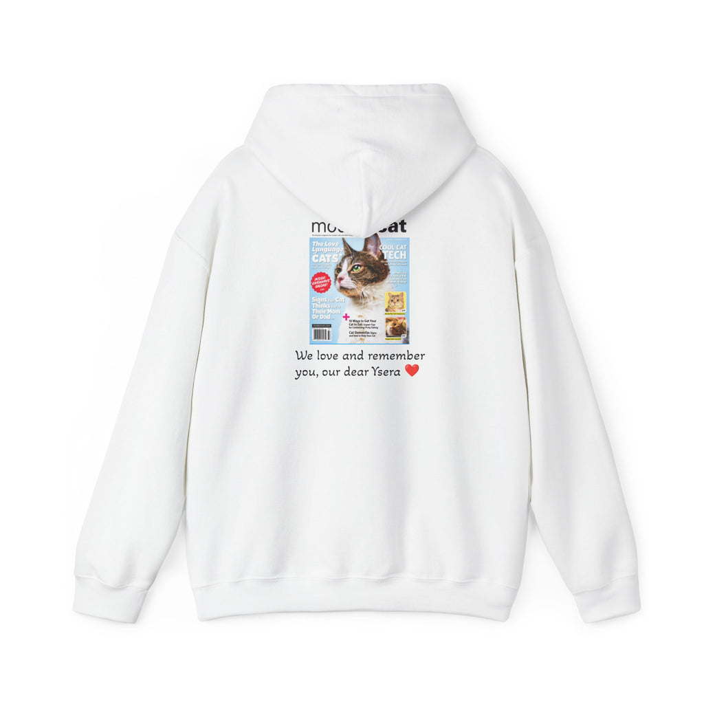 White hoodie with a printed design on the back featuring a cat and text.