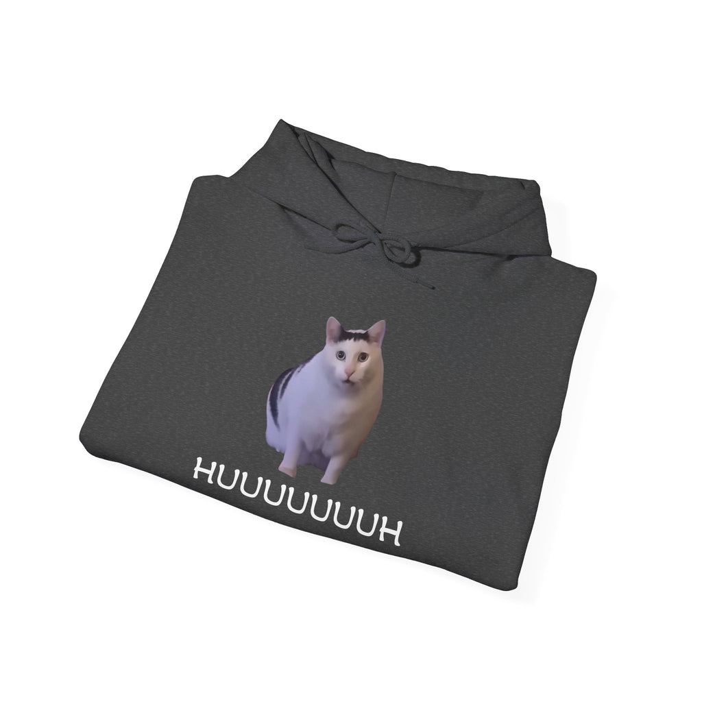 Folded dark gray hoodie with a cat graphic and text on a white background