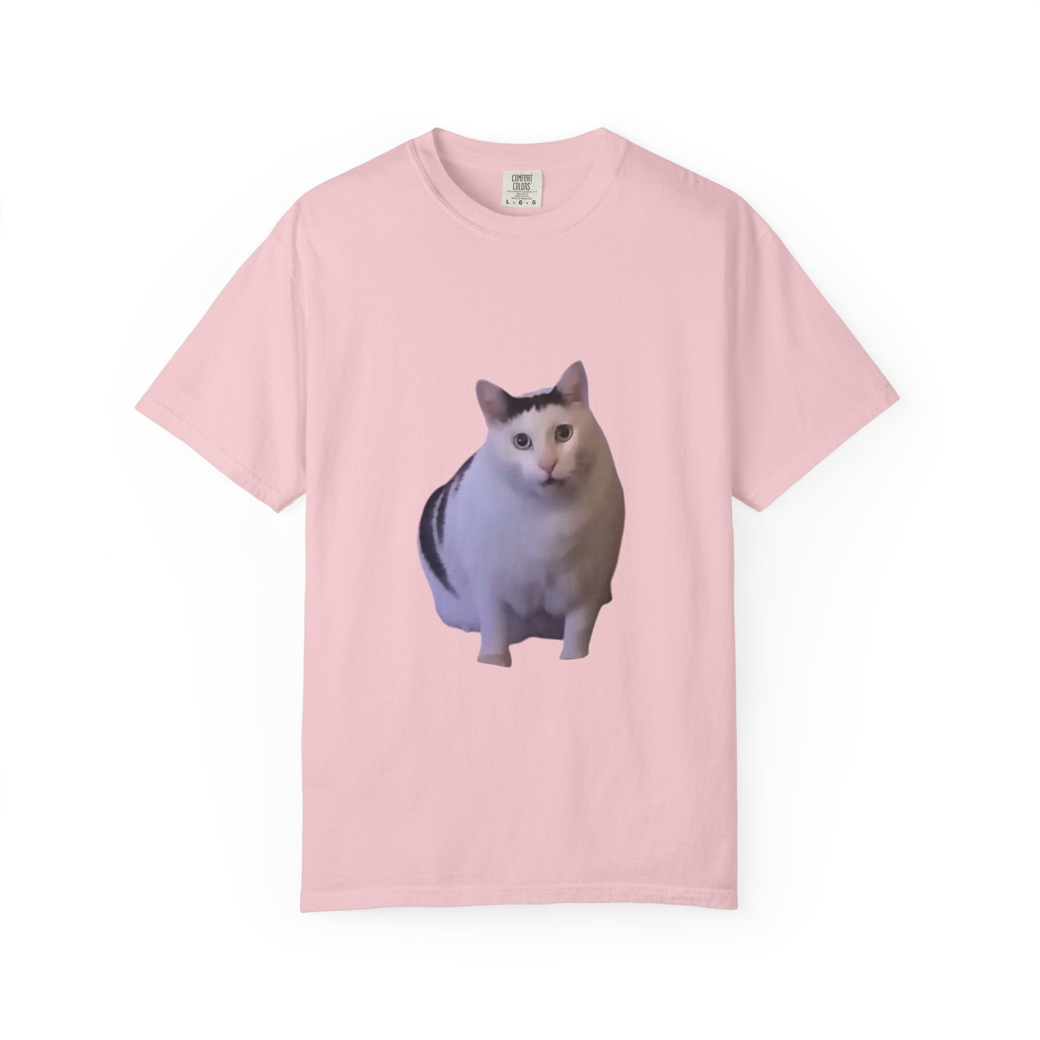 Pink t-shirt with a cat graphic on a white background