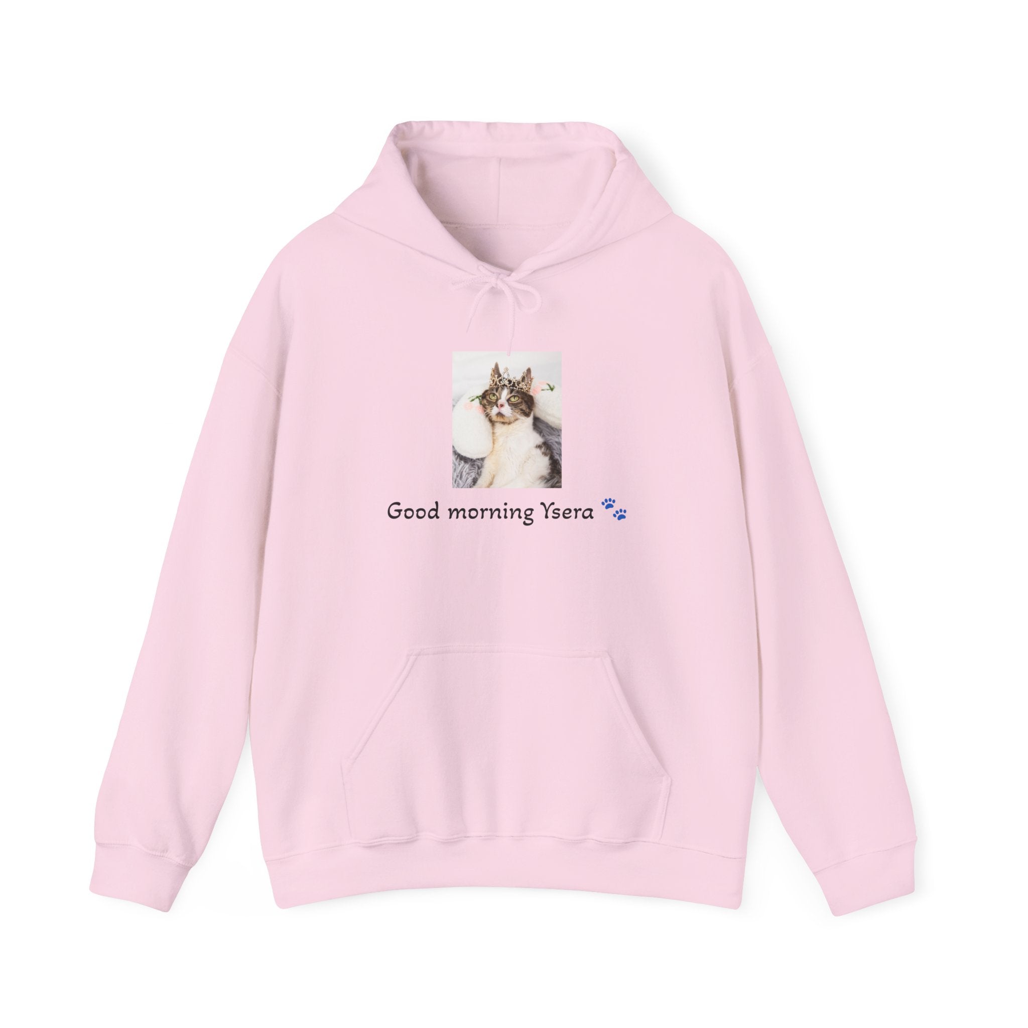 Pink hoodie with a dog photo and text on a white background