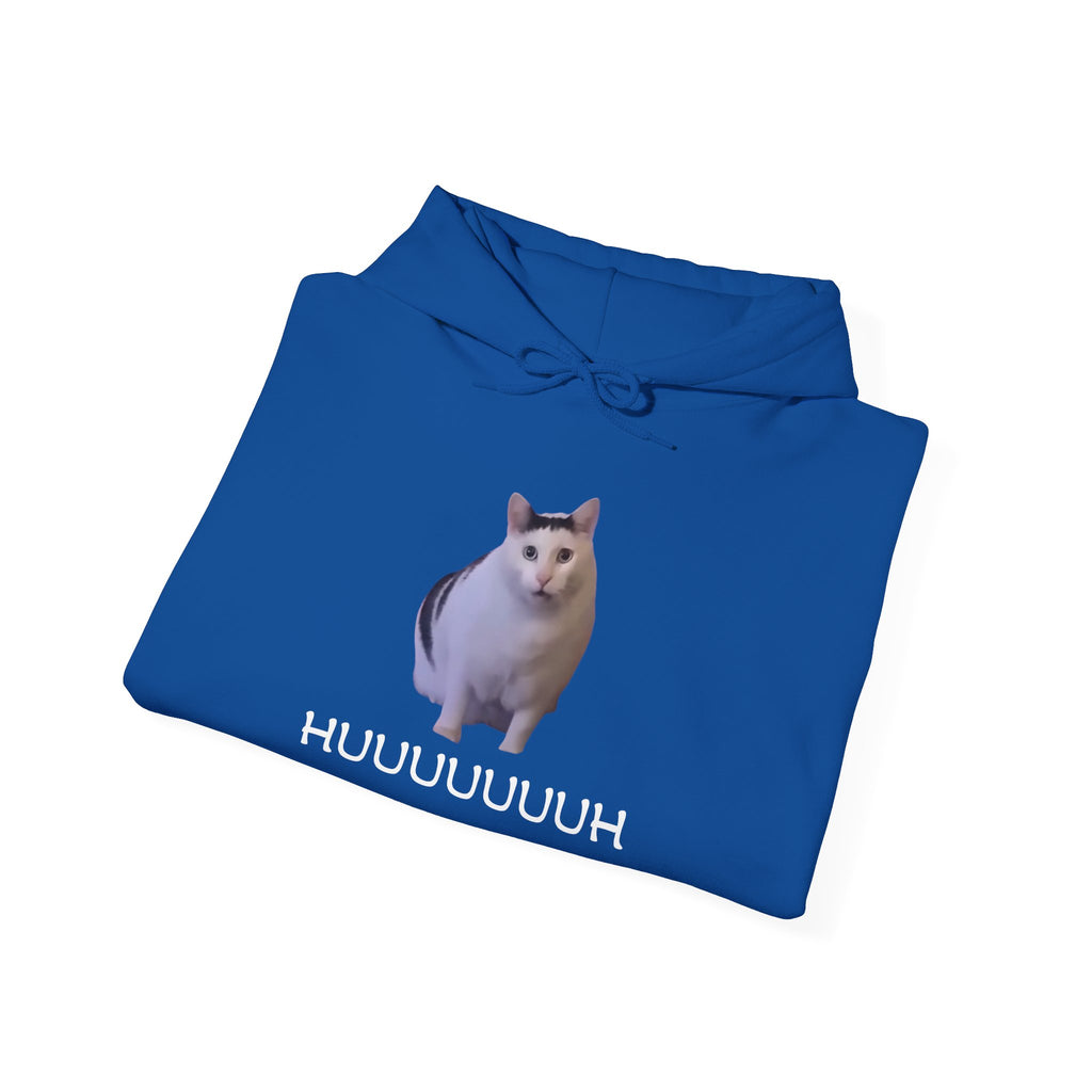 Folded blue hoodie with a cat graphic and text on a white background