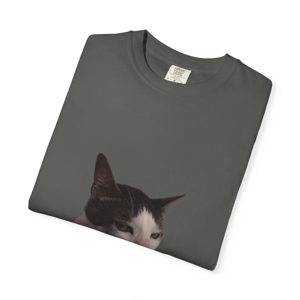 Folded gray t-shirt with a cat's face printed on it against a white background