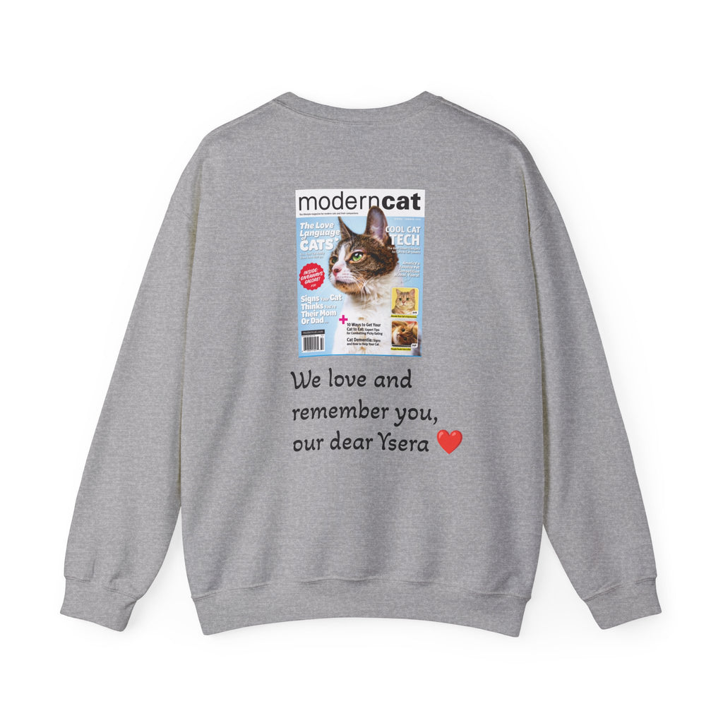 Gray sweatshirt with a printed design on the back featuring a cat and text.