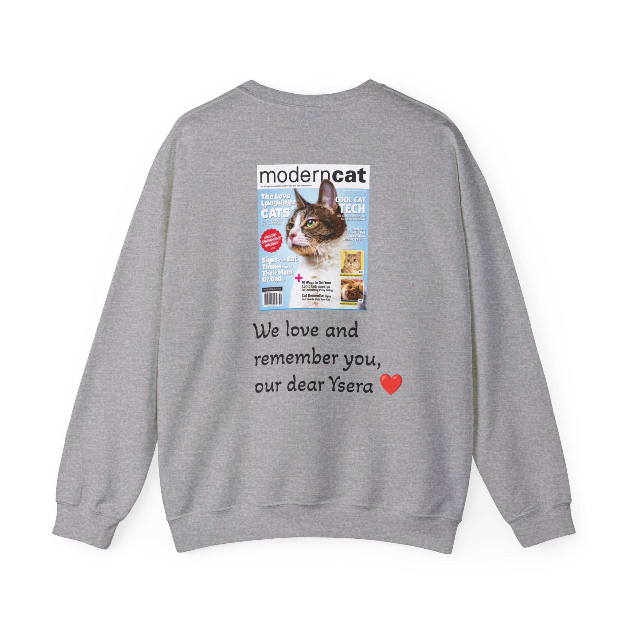 Gray sweatshirt with a printed design on the back featuring a cat and text.