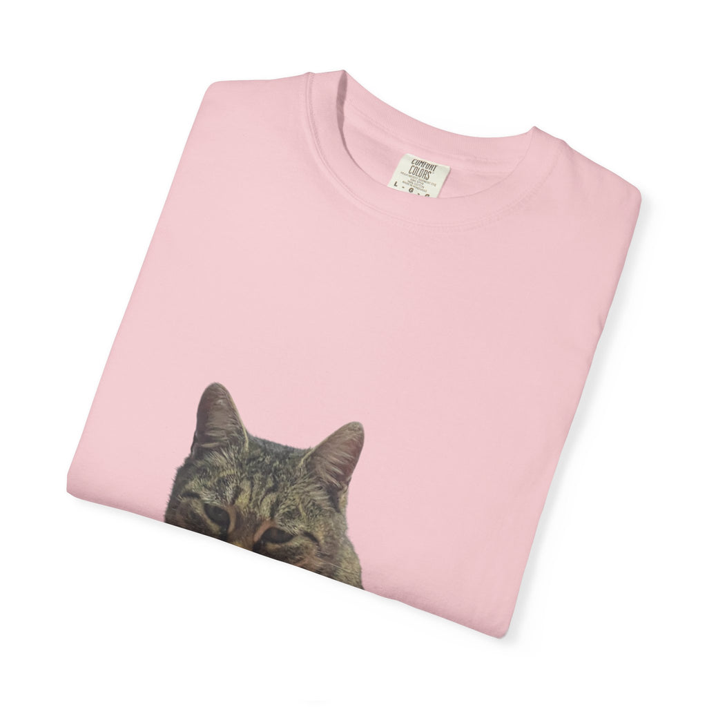 Folded pink t-shirt with a cat's face printed on it against a white background