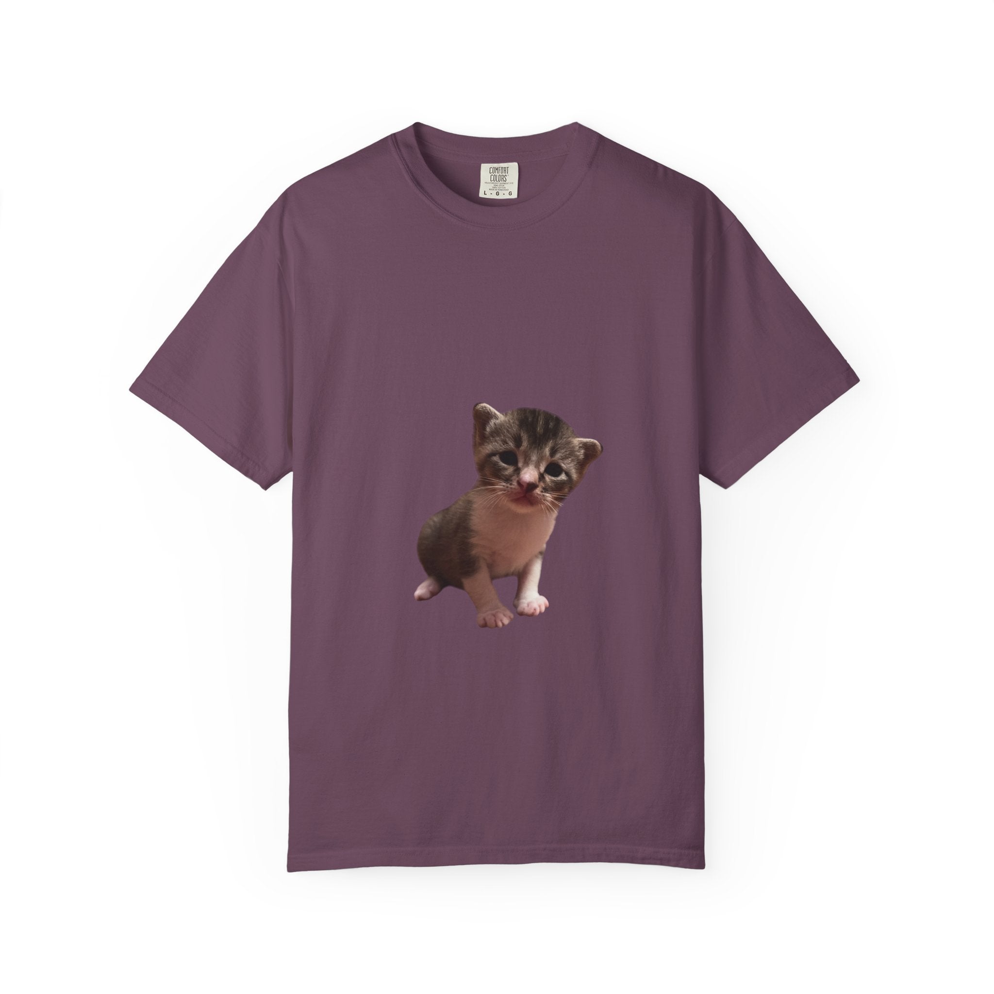 Purple t-shirt with a kitten graphic on a white background