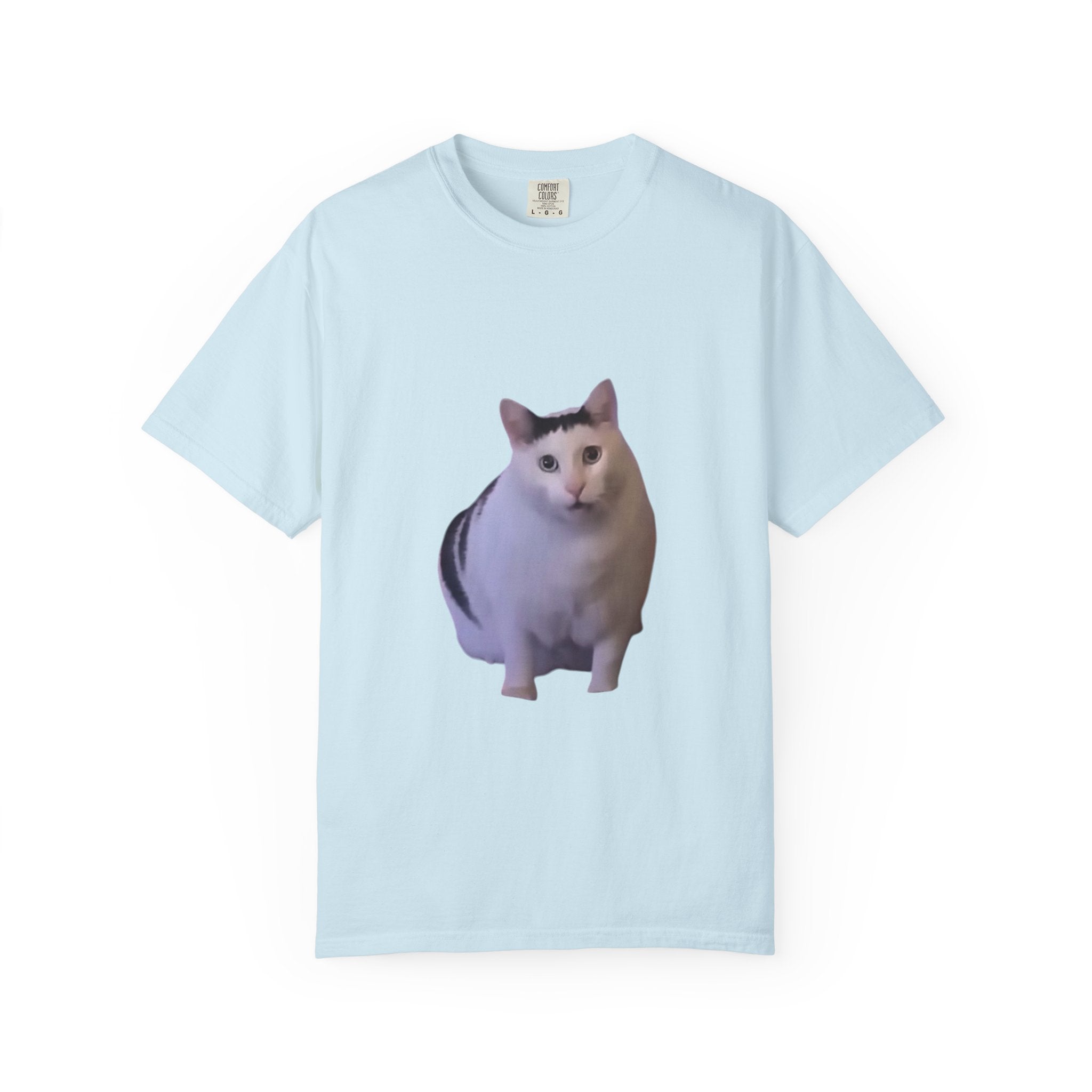 Light blue t-shirt with a cat print on a white background