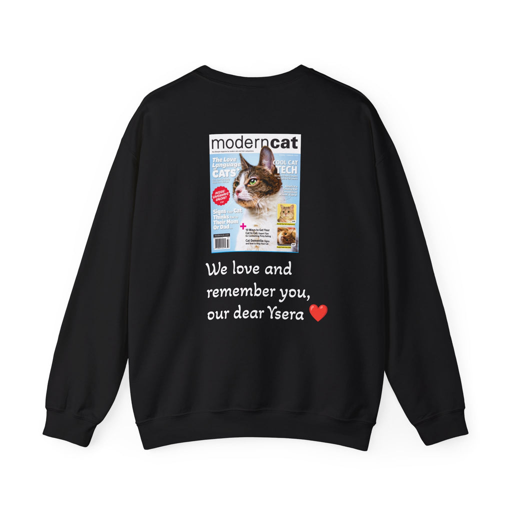 Black sweatshirt with a magazine cover and text on the back, on a white background