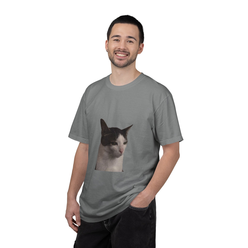 Man wearing a gray t-shirt with a cat print on a white background