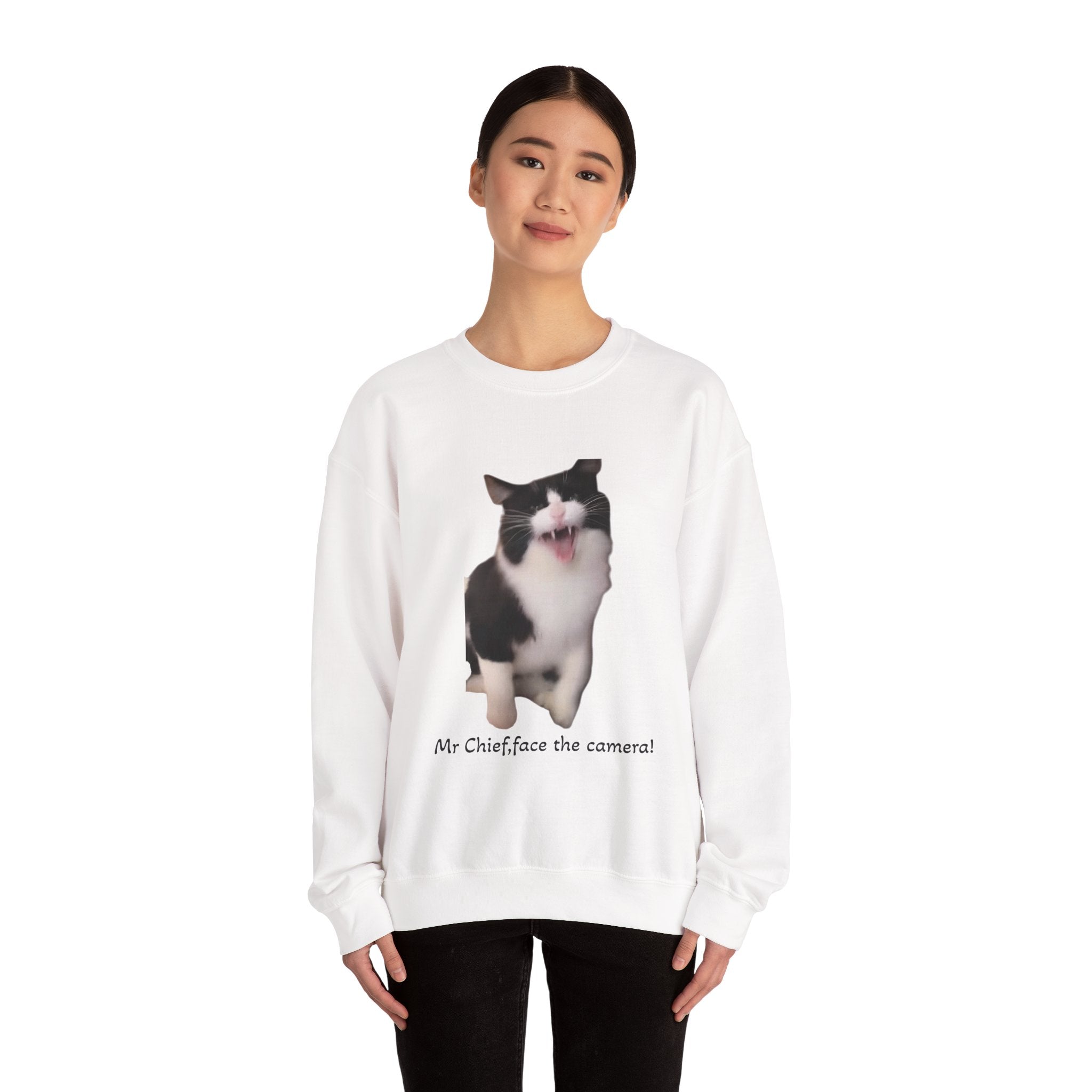 Person wearing a white sweatshirt with a cat graphic and text on a white background