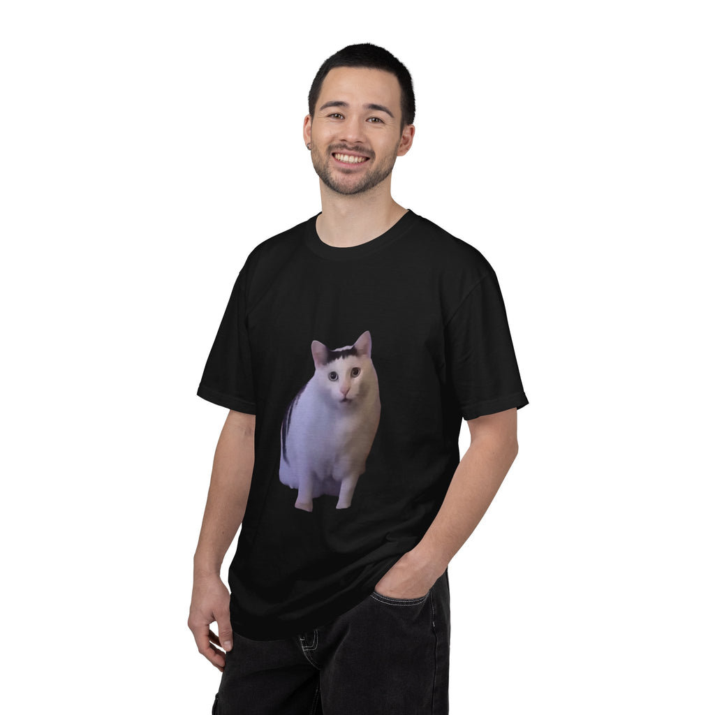 Man wearing a black t-shirt with a cat graphic on a white background