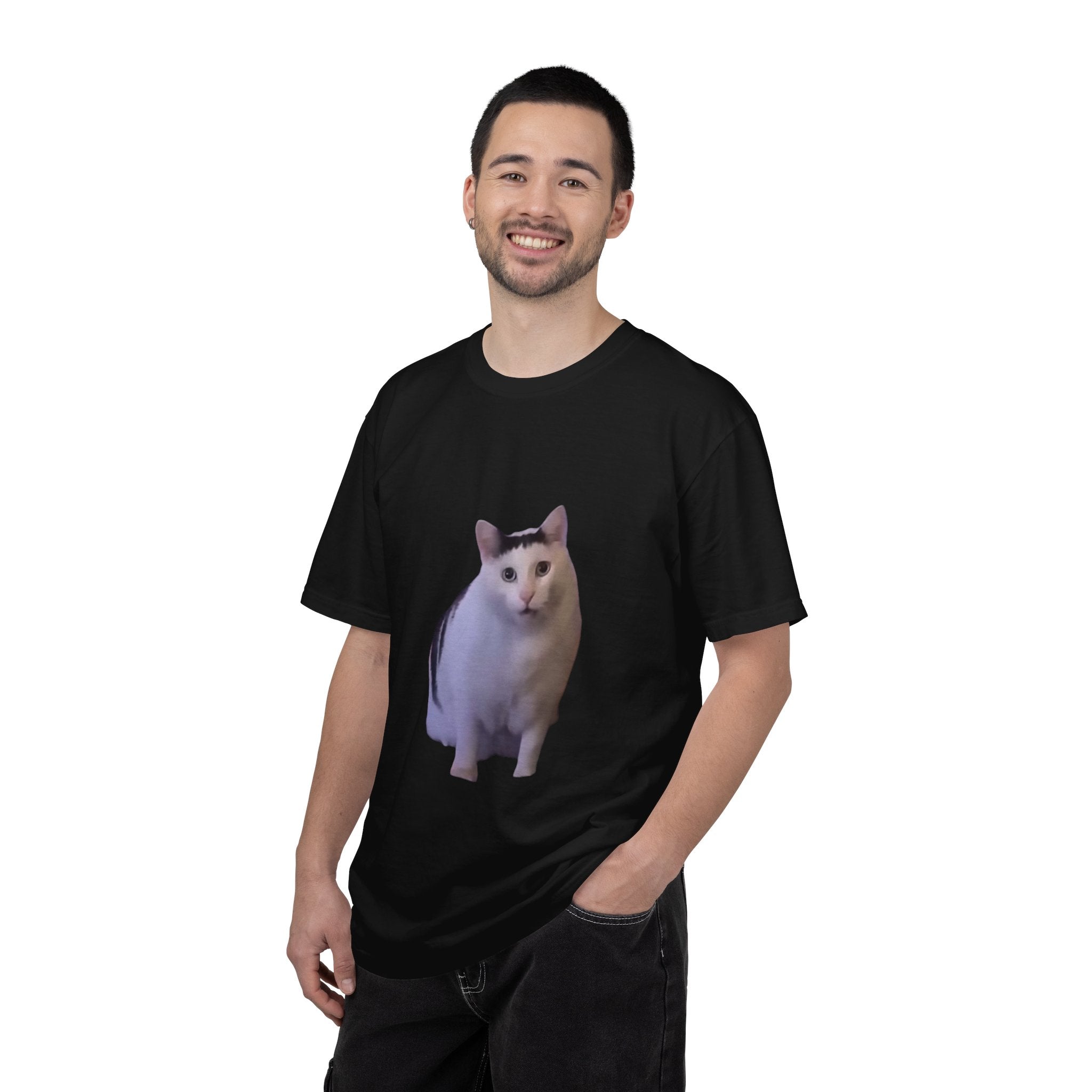 Man wearing a black t-shirt with a cat graphic on a white background