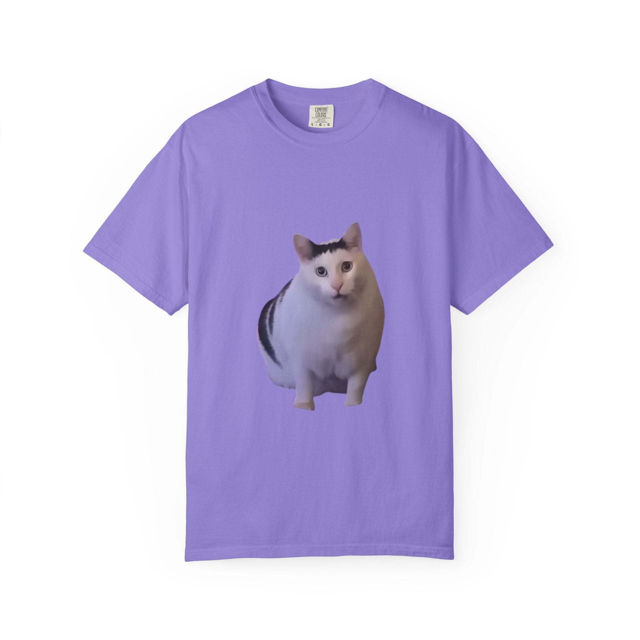 Purple t-shirt with a cat graphic on a white background