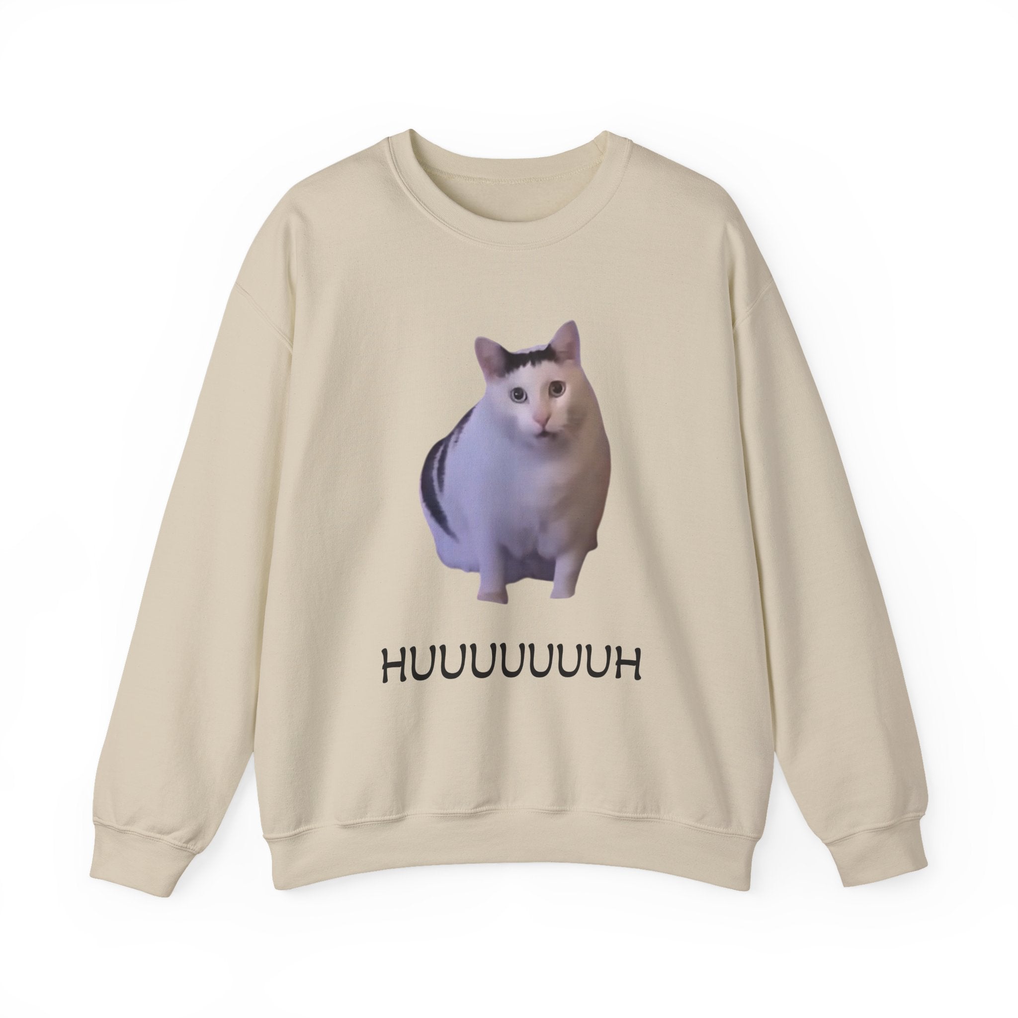 Beige sweatshirt with a cat graphic and 'HUUUUUUH' text on a white background