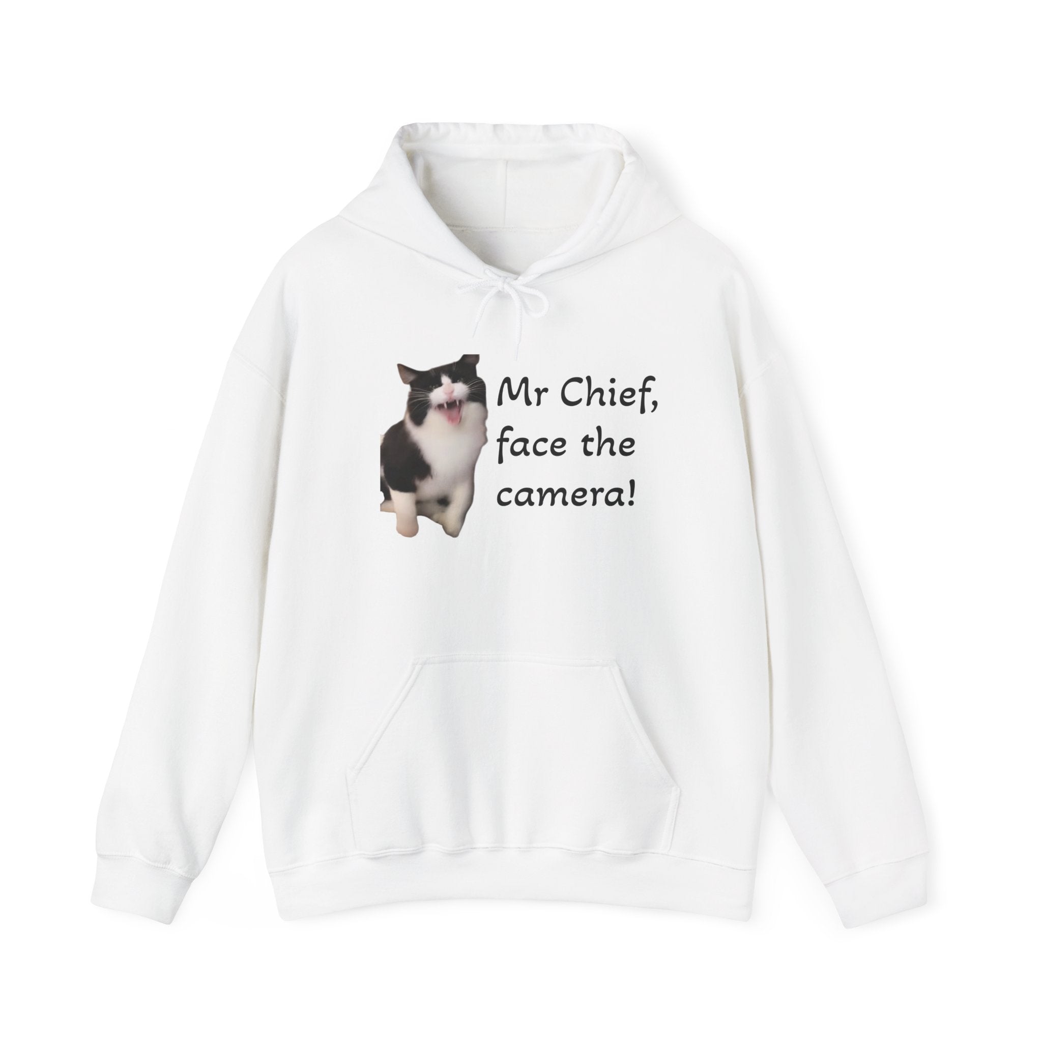 White hoodie with a dog graphic and text on a white background