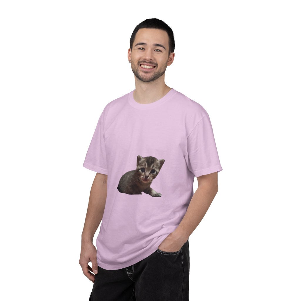 Man wearing a pink t-shirt with a kitten graphic on a white background