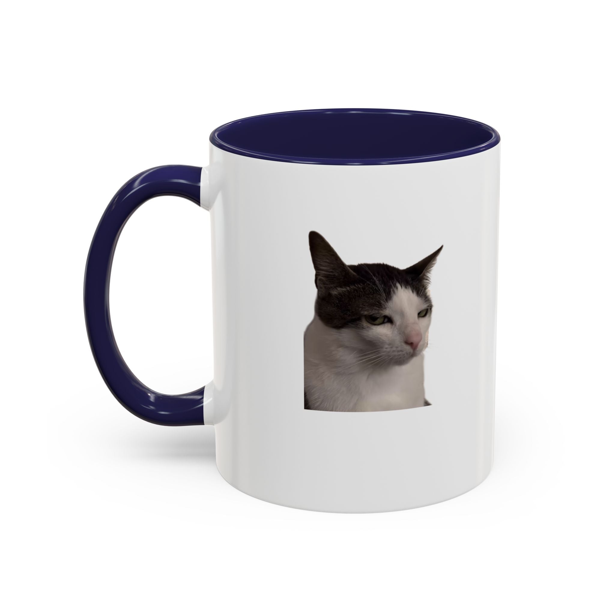 White mug with a blue handle and interior, featuring a cat's face on a white background