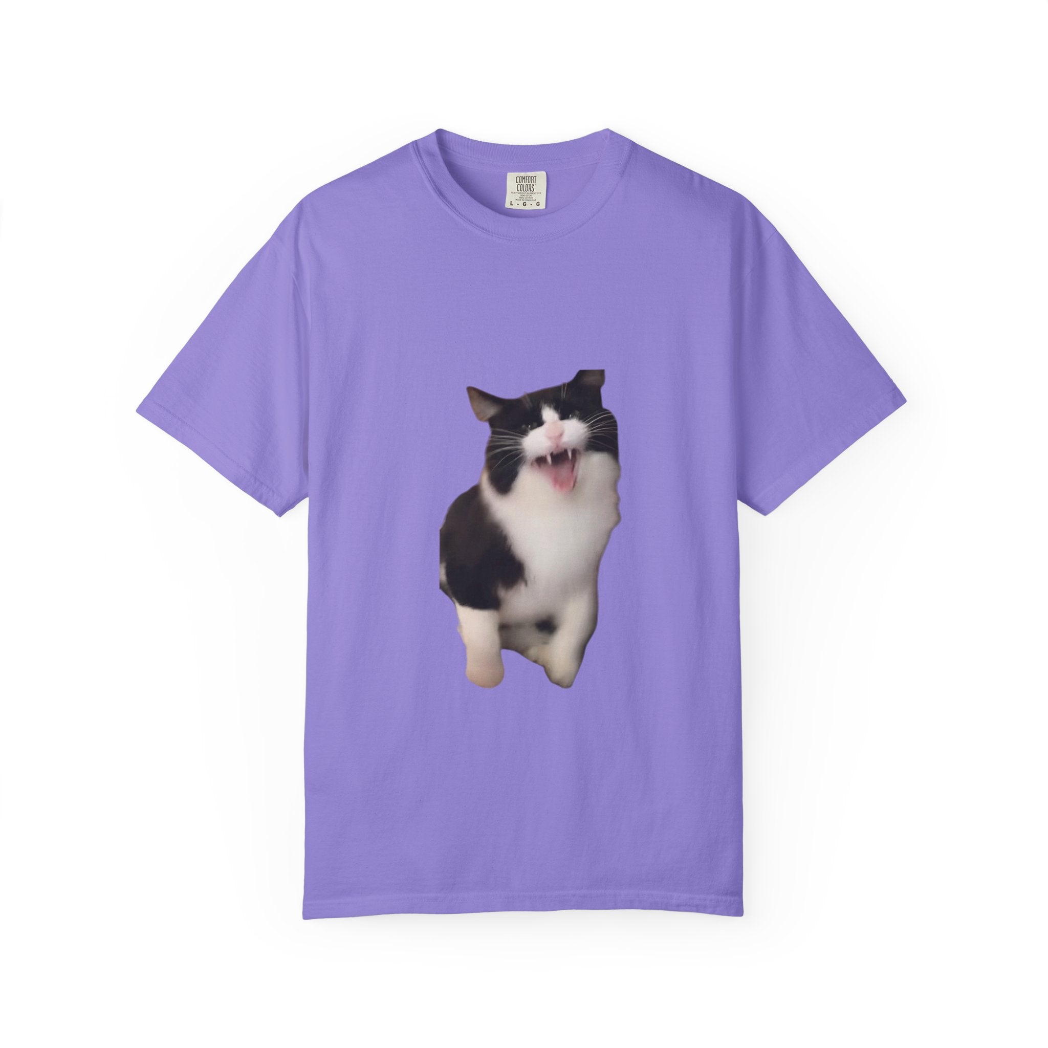 Purple t-shirt with a black and white cat graphic on a white background