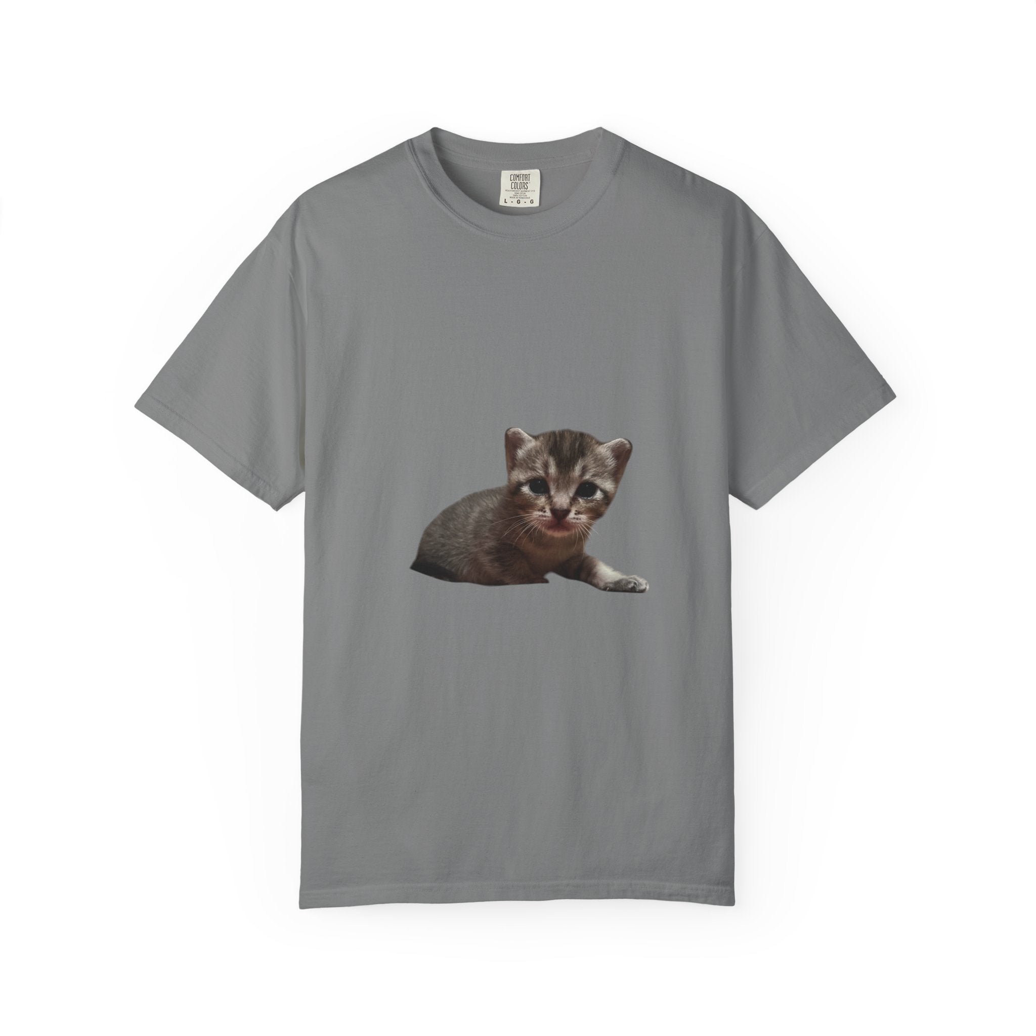 Gray t-shirt with a kitten graphic on a white background