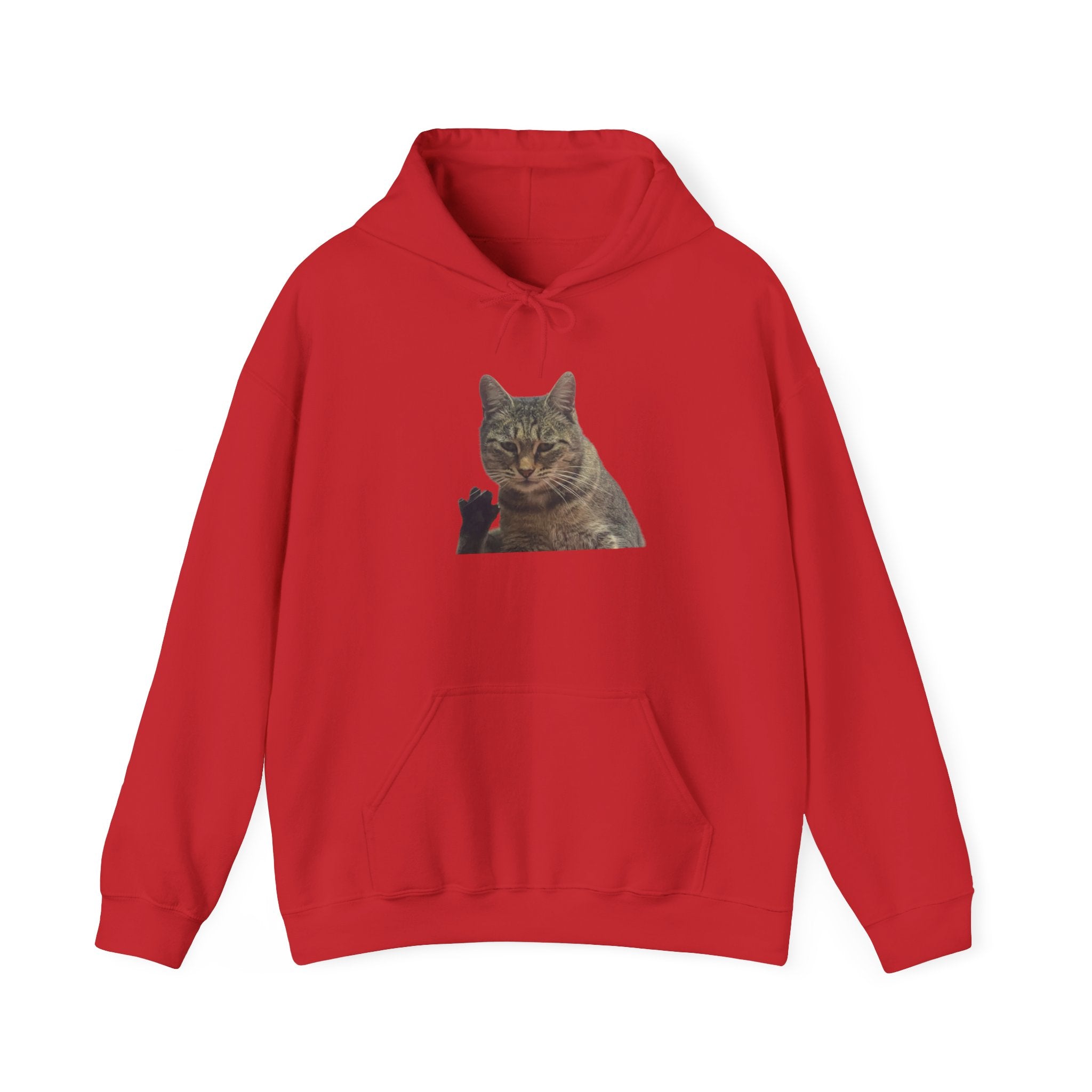 Red hoodie with a cat graphic on a white background