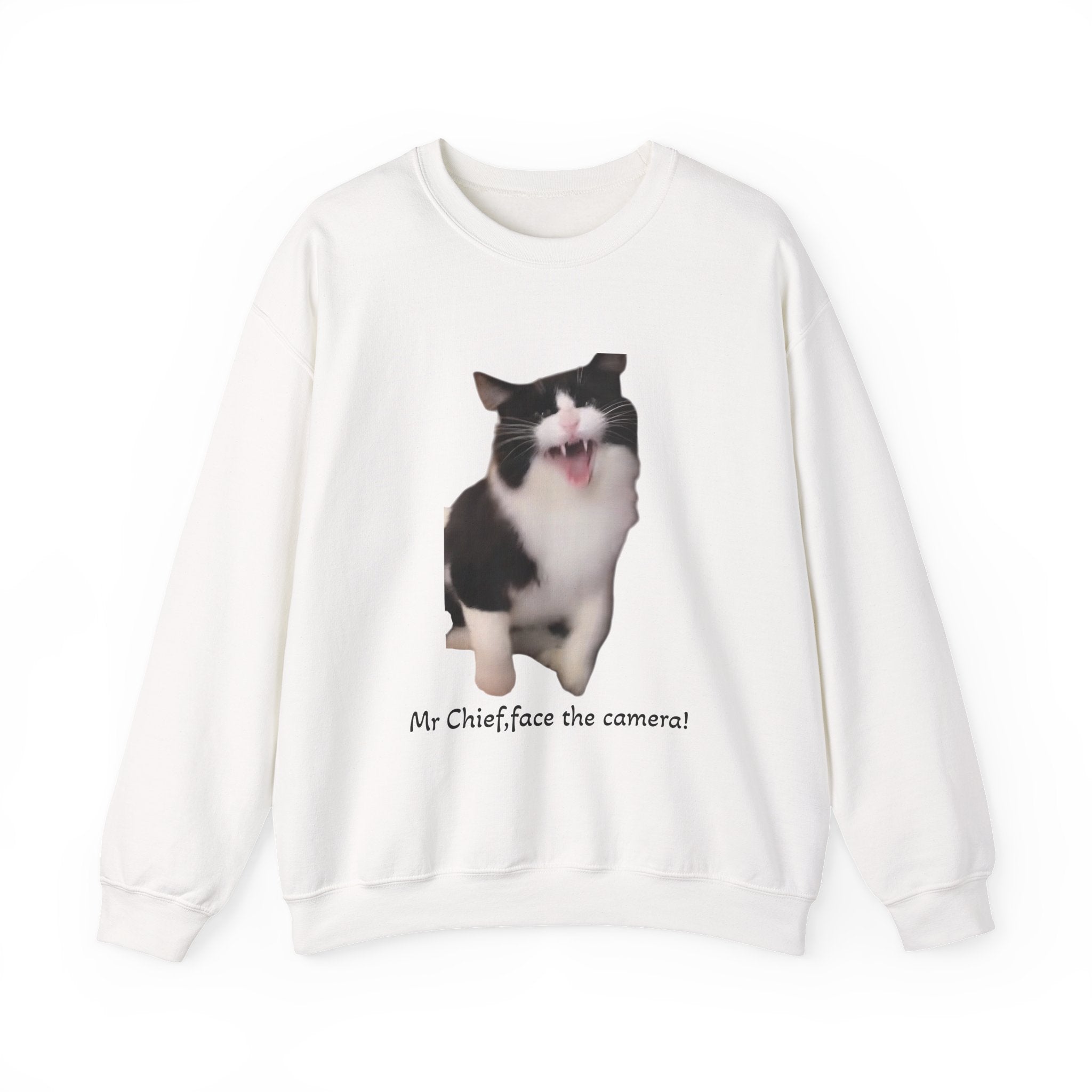 White sweatshirt with a cat graphic and text on a white background