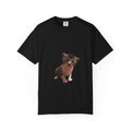 Black t-shirt with a kitten graphic on a white background