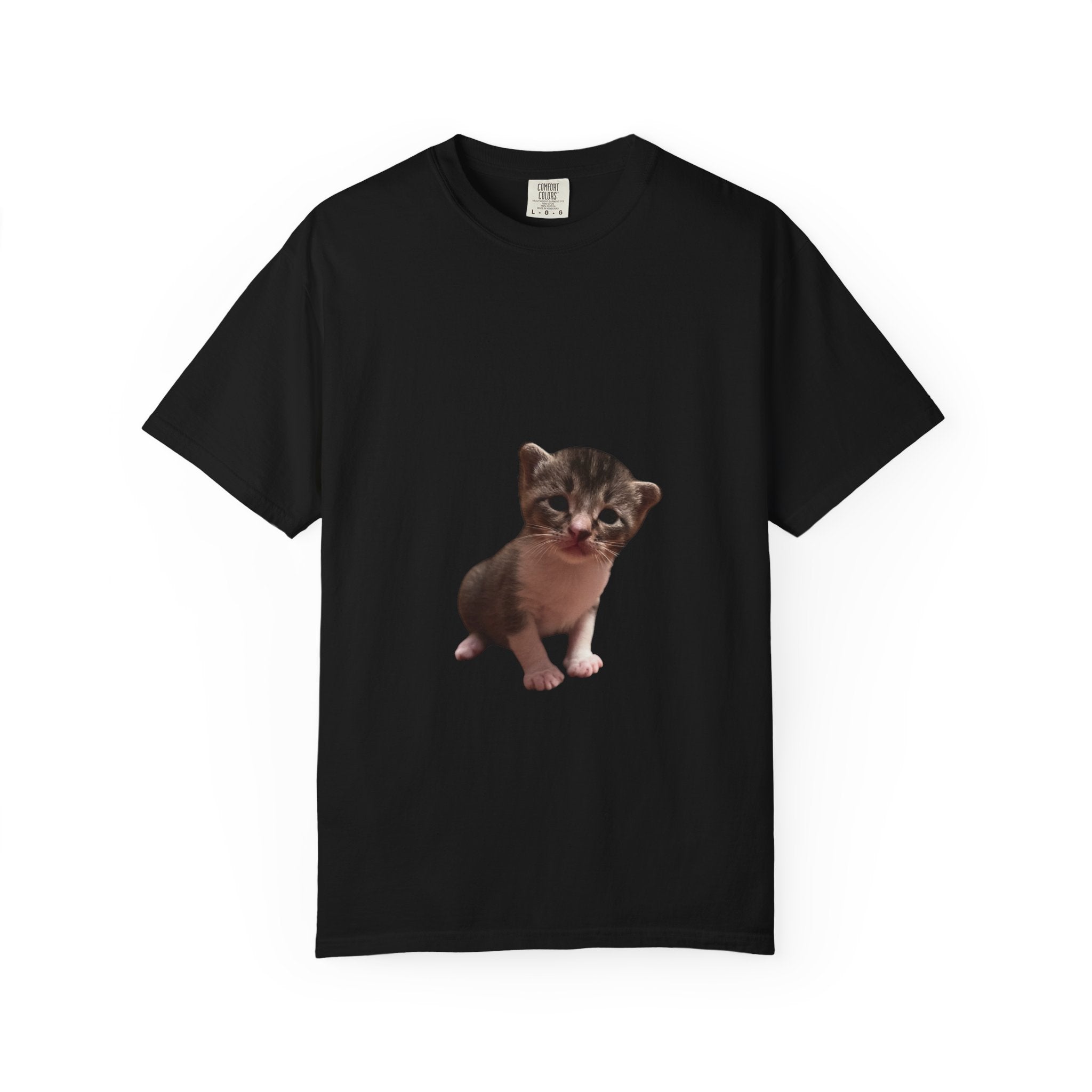 Black t-shirt with a kitten graphic on a white background