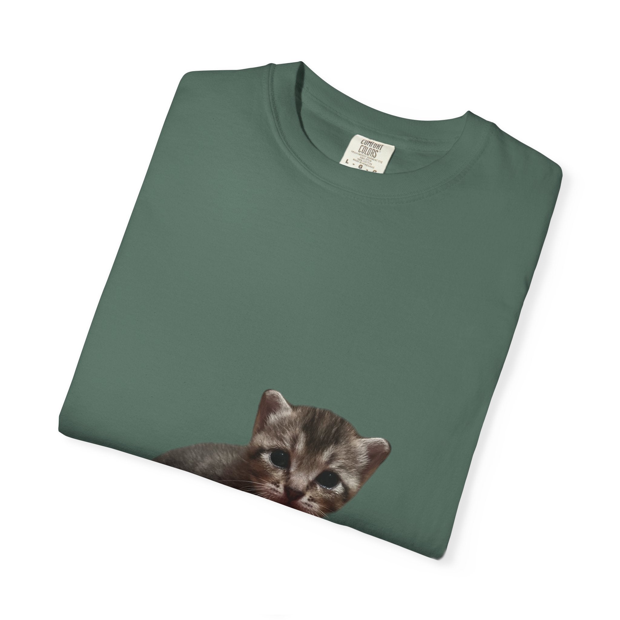 Folded green t-shirt with a kitten print on a white background